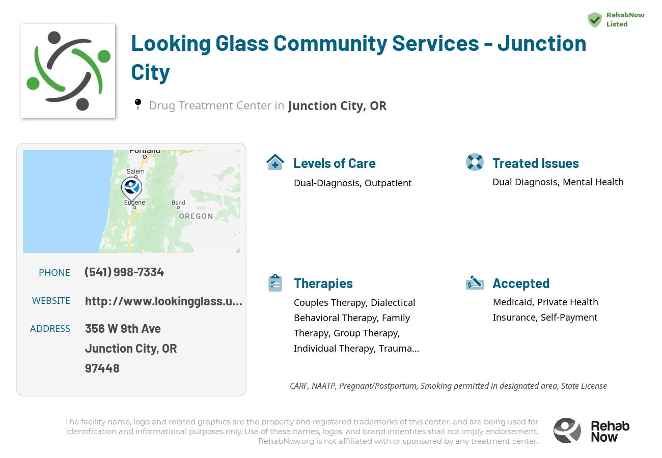Helpful reference information for Looking Glass Community Services - Junction City, a drug treatment center in Oregon located at: 356 W 9th Ave, Junction City, OR 97448, including phone numbers, official website, and more. Listed briefly is an overview of Levels of Care, Therapies Offered, Issues Treated, and accepted forms of Payment Methods.