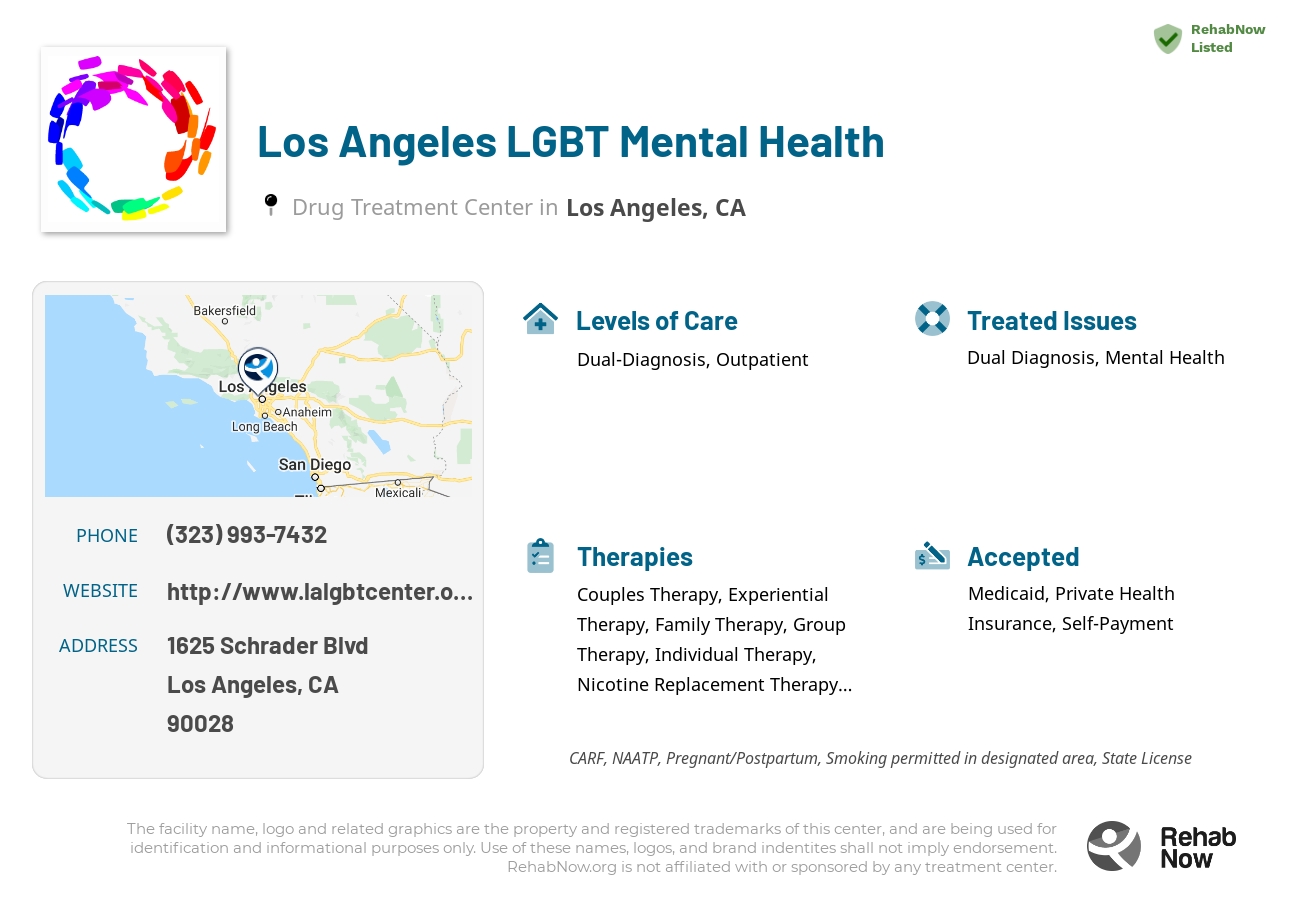 Helpful reference information for Los Angeles LGBT Mental Health, a drug treatment center in California located at: 1625 Schrader Blvd, Los Angeles, CA 90028, including phone numbers, official website, and more. Listed briefly is an overview of Levels of Care, Therapies Offered, Issues Treated, and accepted forms of Payment Methods.