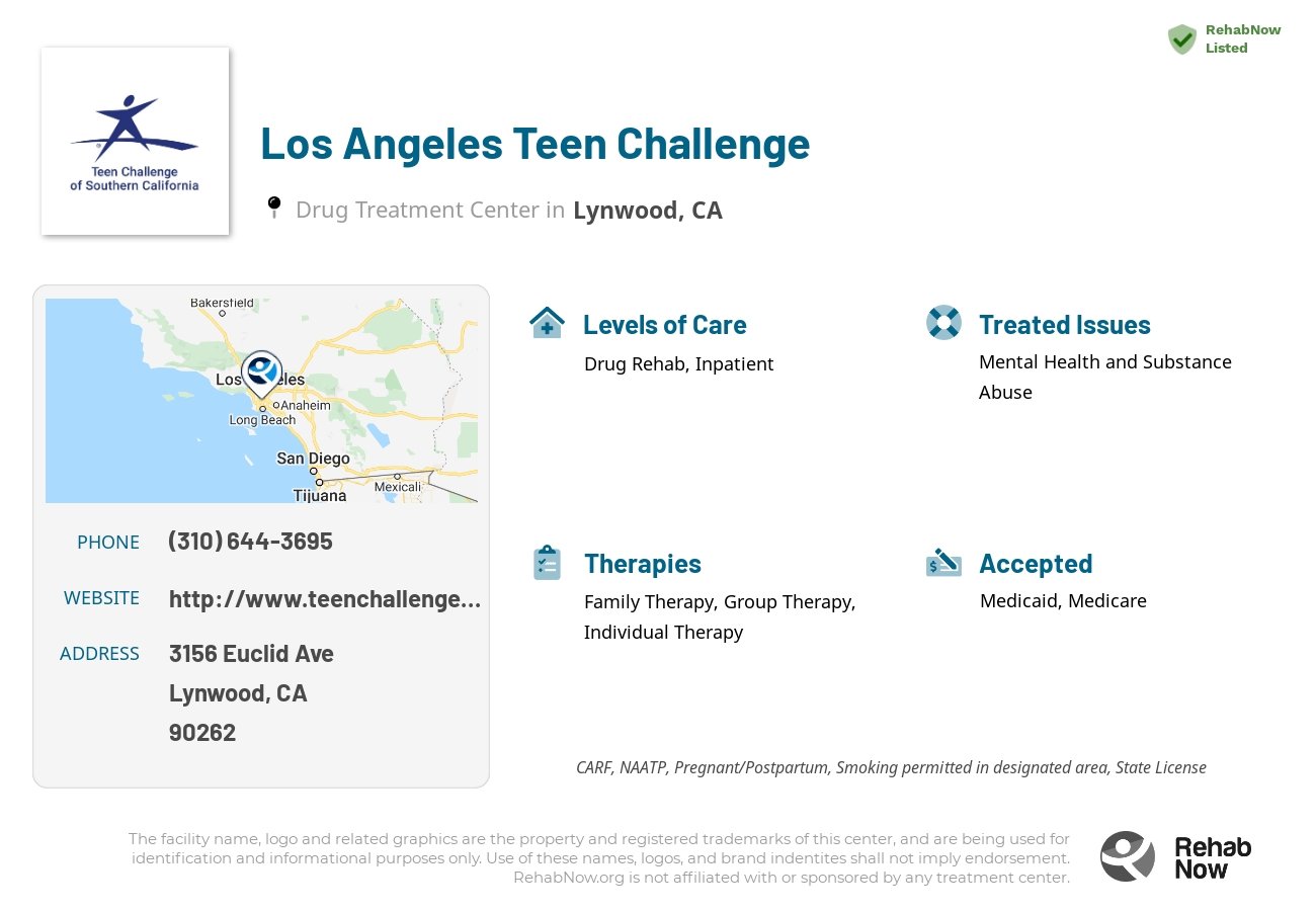 Helpful reference information for Los Angeles Teen Challenge, a drug treatment center in California located at: 3156 Euclid Ave, Lynwood, CA, 90262, including phone numbers, official website, and more. Listed briefly is an overview of Levels of Care, Therapies Offered, Issues Treated, and accepted forms of Payment Methods.