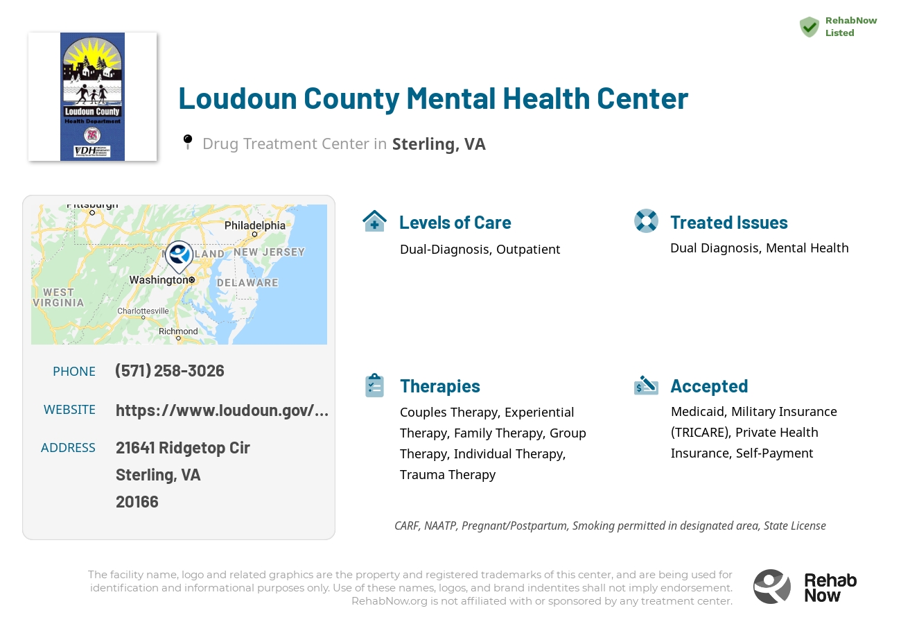 Helpful reference information for Loudoun County Mental Health Center, a drug treatment center in Virginia located at: 21641 Ridgetop Cir, Sterling, VA 20166, including phone numbers, official website, and more. Listed briefly is an overview of Levels of Care, Therapies Offered, Issues Treated, and accepted forms of Payment Methods.