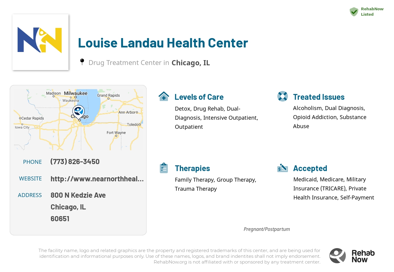 Helpful reference information for Louise Landau Health Center, a drug treatment center in Illinois located at: 800 N Kedzie Ave, Chicago, IL 60651, including phone numbers, official website, and more. Listed briefly is an overview of Levels of Care, Therapies Offered, Issues Treated, and accepted forms of Payment Methods.