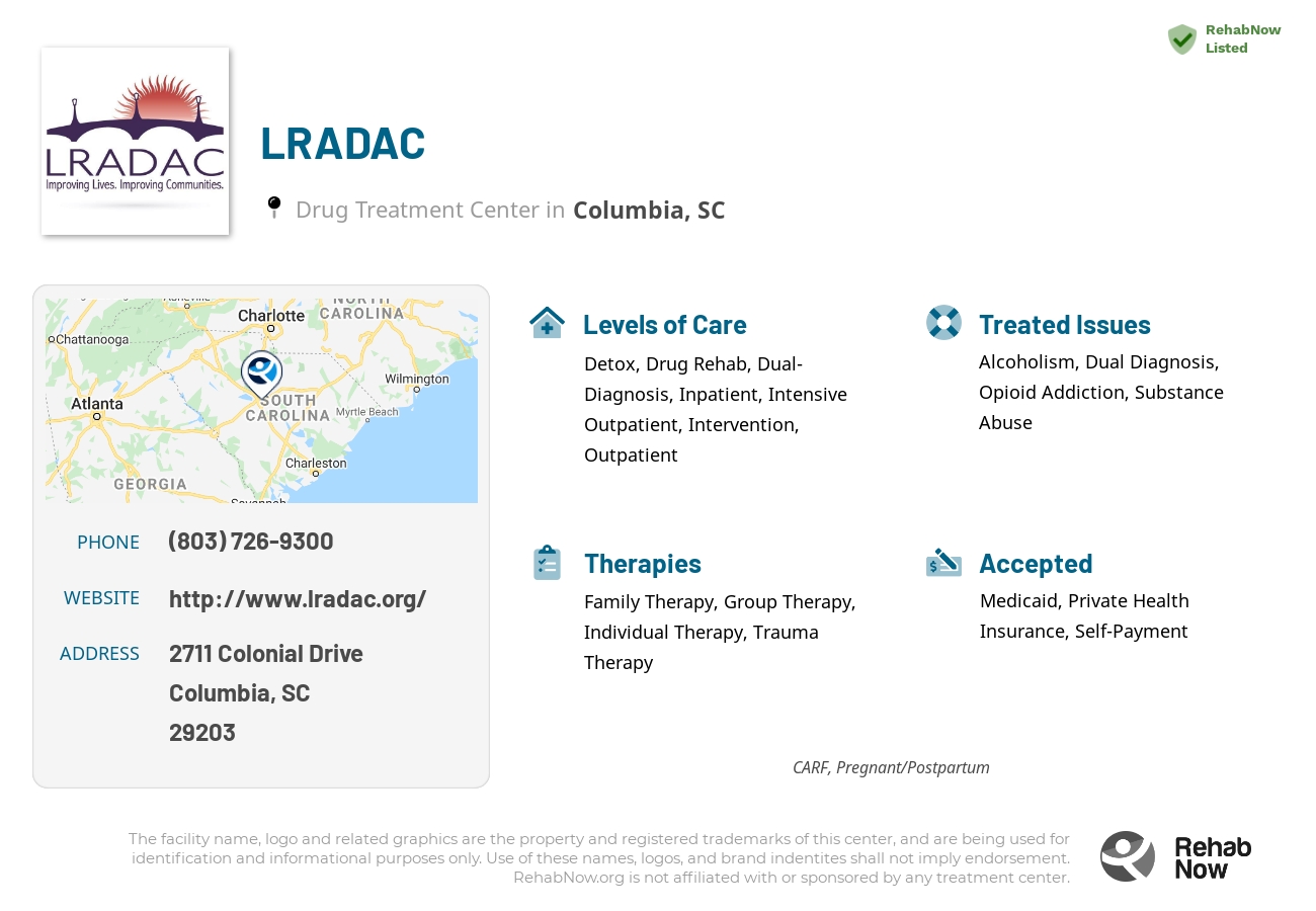 Helpful reference information for LRADAC, a drug treatment center in South Carolina located at: 2711 Colonial Drive, Columbia, SC 29203, including phone numbers, official website, and more. Listed briefly is an overview of Levels of Care, Therapies Offered, Issues Treated, and accepted forms of Payment Methods.