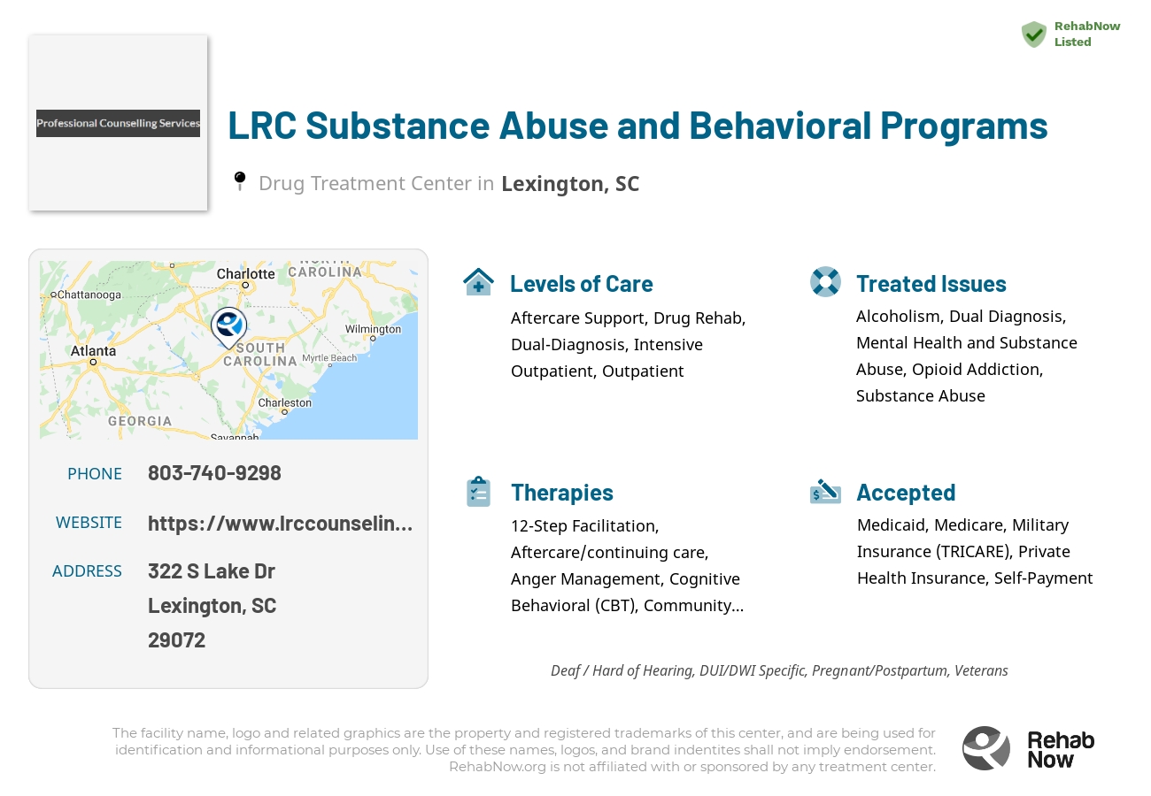 Helpful reference information for LRC Substance Abuse and Behavioral Programs, a drug treatment center in South Carolina located at: 322 S Lake Dr, Lexington, SC 29072, including phone numbers, official website, and more. Listed briefly is an overview of Levels of Care, Therapies Offered, Issues Treated, and accepted forms of Payment Methods.