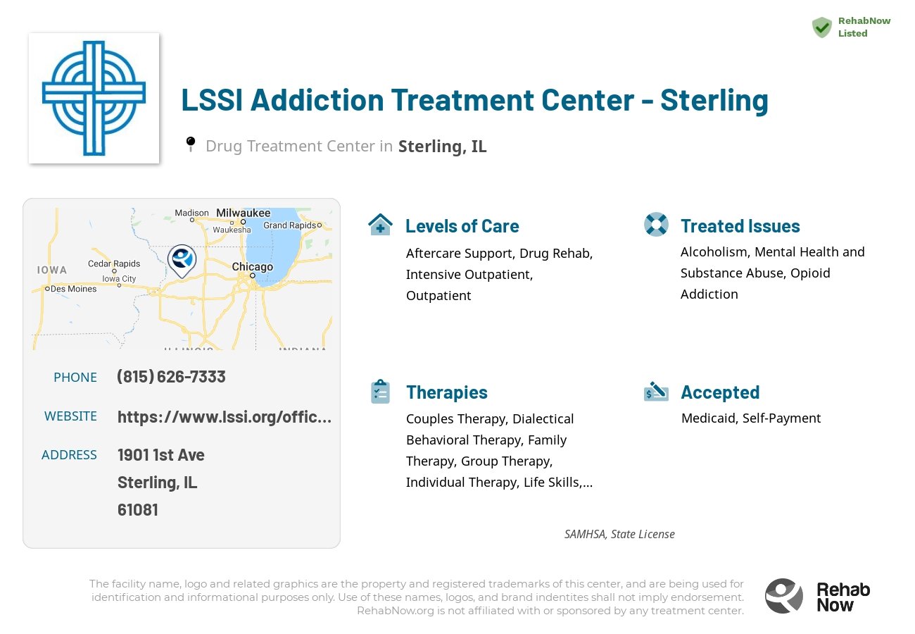 Helpful reference information for LSSI Addiction Treatment Center - Sterling, a drug treatment center in Illinois located at: 1901 1st Ave, Sterling, IL 61081, including phone numbers, official website, and more. Listed briefly is an overview of Levels of Care, Therapies Offered, Issues Treated, and accepted forms of Payment Methods.