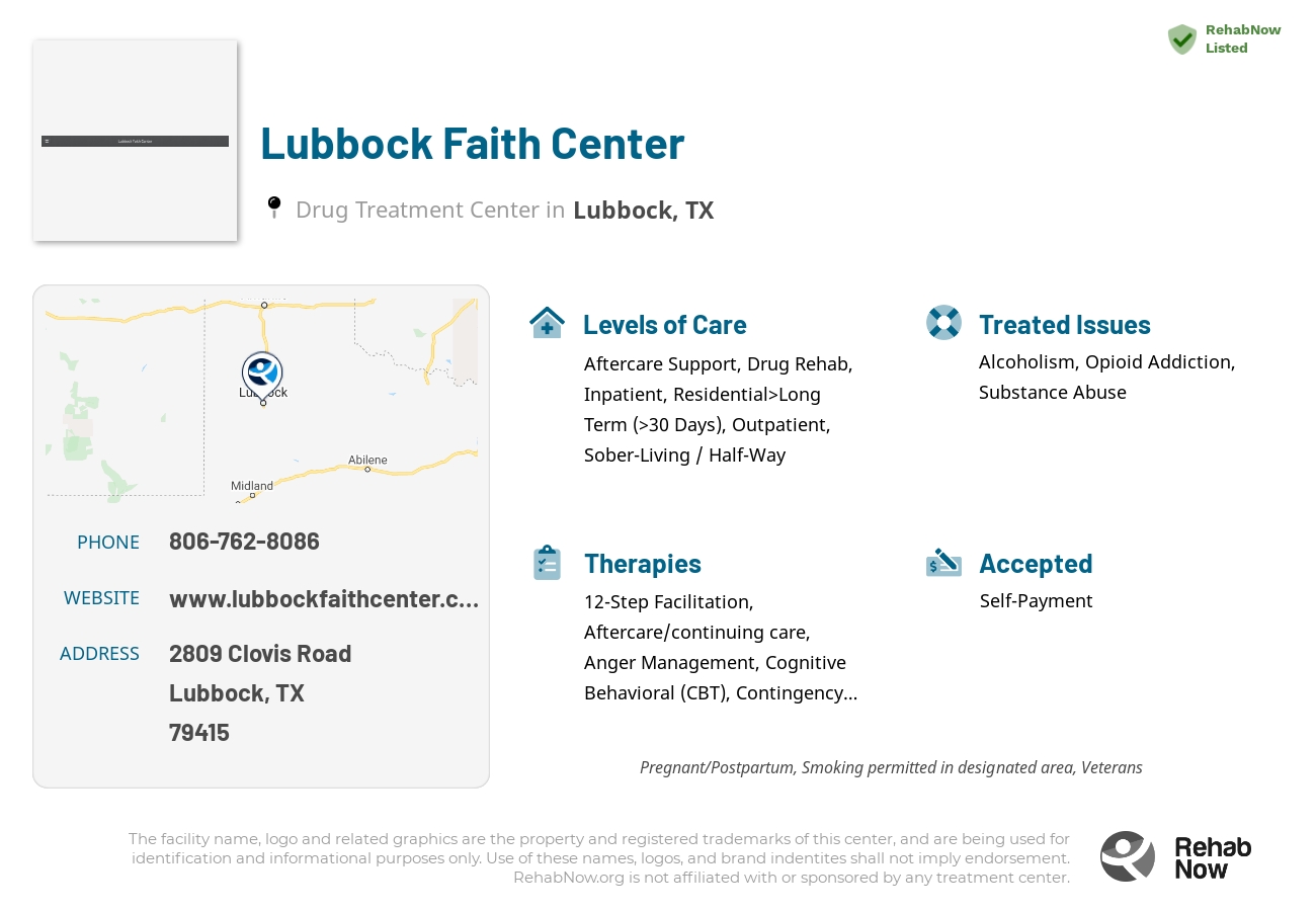 Helpful reference information for Lubbock Faith Center, a drug treatment center in Texas located at: 2809 Clovis Road, Lubbock, TX, 79415, including phone numbers, official website, and more. Listed briefly is an overview of Levels of Care, Therapies Offered, Issues Treated, and accepted forms of Payment Methods.