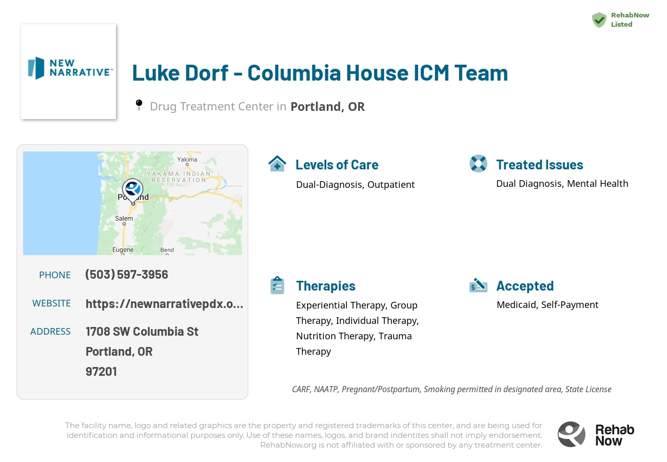 Helpful reference information for Luke Dorf - Columbia House ICM Team, a drug treatment center in Oregon located at: 1708 SW Columbia St, Portland, OR 97201, including phone numbers, official website, and more. Listed briefly is an overview of Levels of Care, Therapies Offered, Issues Treated, and accepted forms of Payment Methods.
