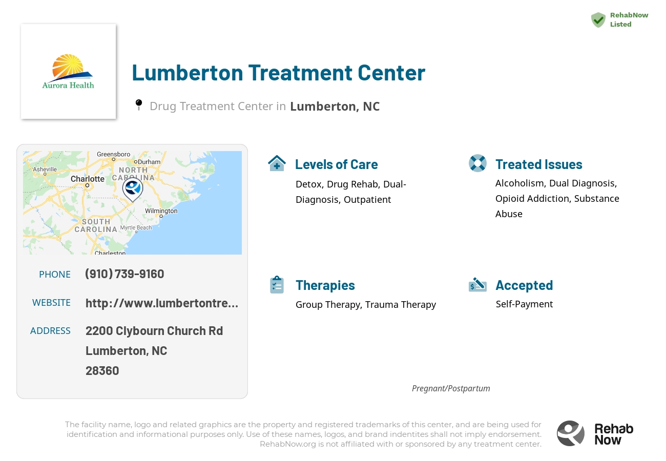 Helpful reference information for Lumberton Treatment Center, a drug treatment center in North Carolina located at: 2200 Clybourn Church Rd, Lumberton, NC 28360, including phone numbers, official website, and more. Listed briefly is an overview of Levels of Care, Therapies Offered, Issues Treated, and accepted forms of Payment Methods.