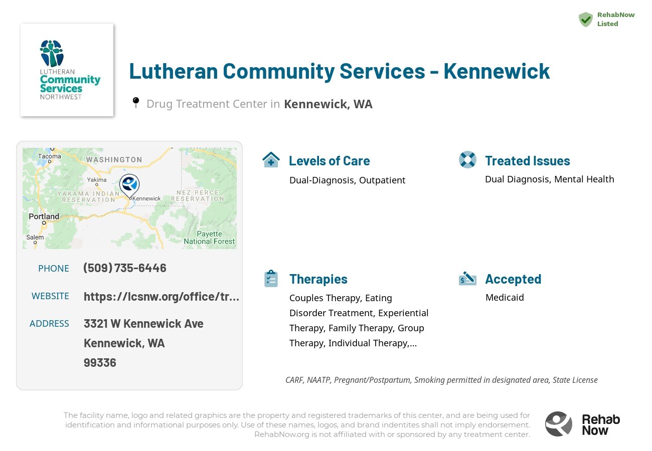 Helpful reference information for Lutheran Community Services - Kennewick, a drug treatment center in Washington located at: 3321 W Kennewick Ave, Kennewick, WA 99336, including phone numbers, official website, and more. Listed briefly is an overview of Levels of Care, Therapies Offered, Issues Treated, and accepted forms of Payment Methods.