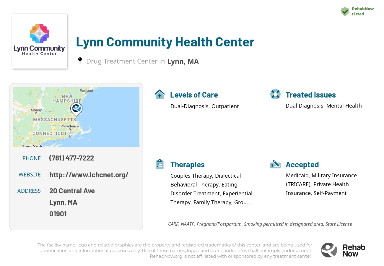 Helpful reference information for Lynn Community Health Center, a drug treatment center in Massachusetts located at: 20 Central Ave, Lynn, MA 01901, including phone numbers, official website, and more. Listed briefly is an overview of Levels of Care, Therapies Offered, Issues Treated, and accepted forms of Payment Methods.