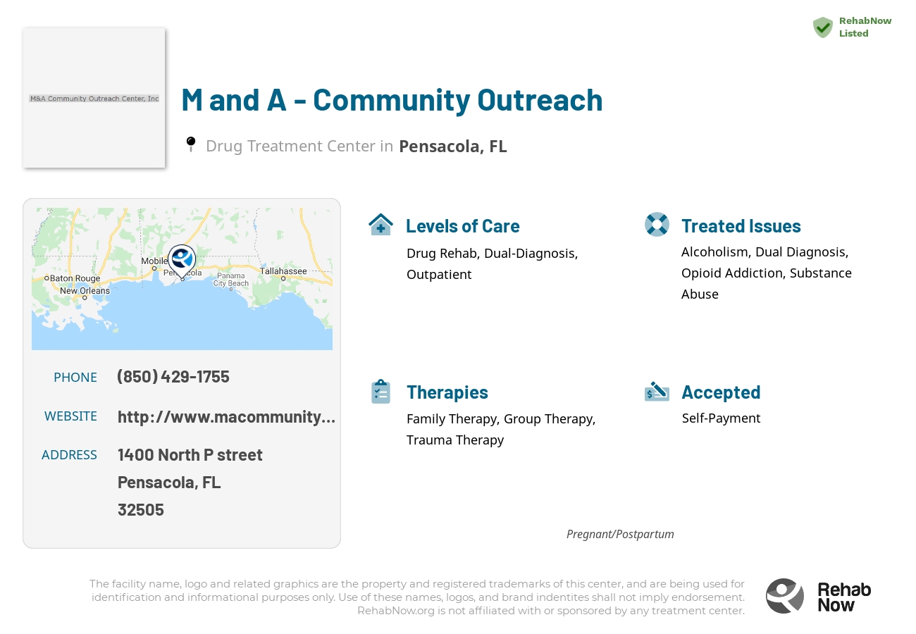Helpful reference information for M and A - Community Outreach, a drug treatment center in Florida located at: 1400 North P street, Pensacola, FL, 32505, including phone numbers, official website, and more. Listed briefly is an overview of Levels of Care, Therapies Offered, Issues Treated, and accepted forms of Payment Methods.
