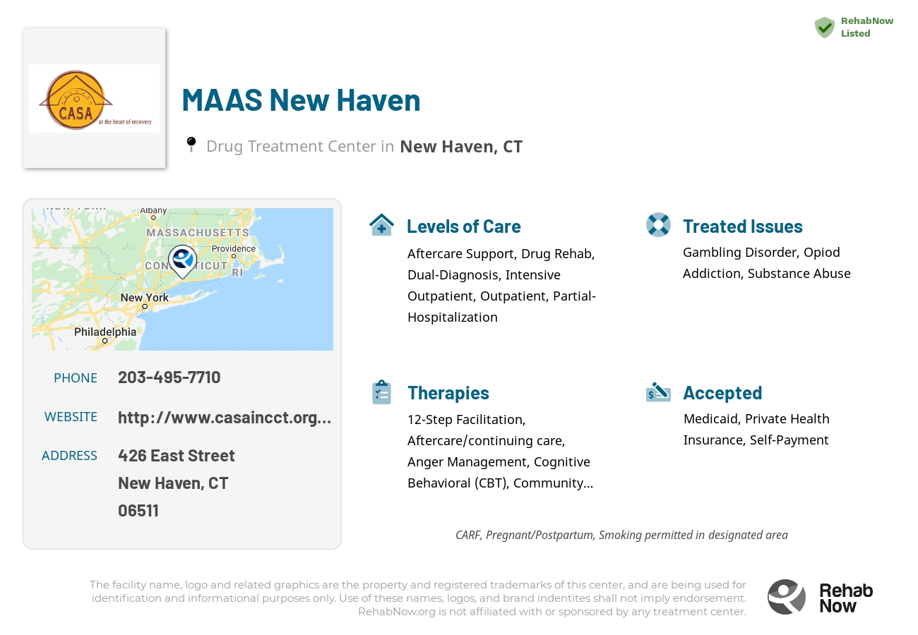 Helpful reference information for MAAS New Haven, a drug treatment center in Connecticut located at: 426 East Street, New Haven, CT 06511, including phone numbers, official website, and more. Listed briefly is an overview of Levels of Care, Therapies Offered, Issues Treated, and accepted forms of Payment Methods.