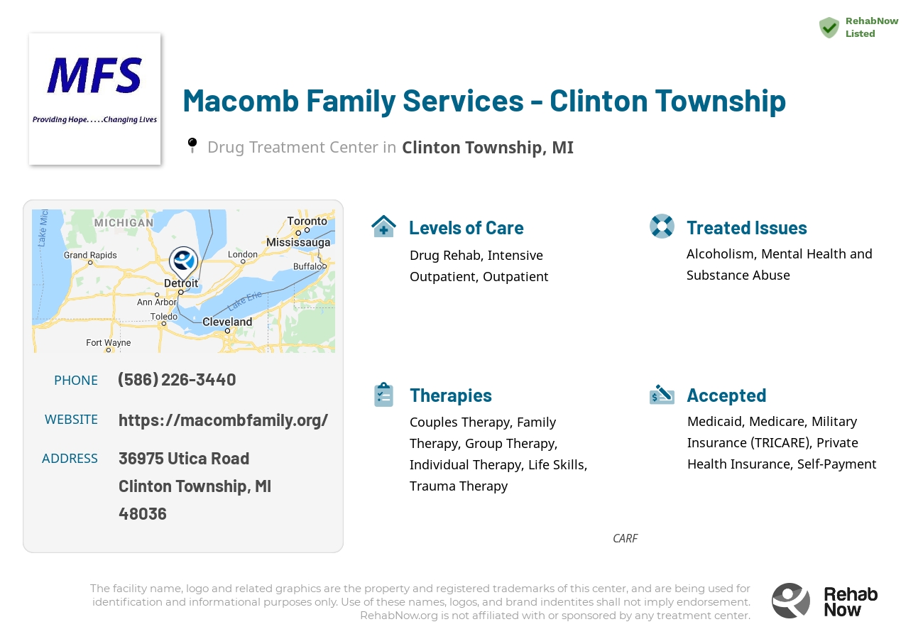 Helpful reference information for Macomb Family Services - Clinton Township, a drug treatment center in Michigan located at: 36975 Utica Road, Clinton Township, MI, 48036, including phone numbers, official website, and more. Listed briefly is an overview of Levels of Care, Therapies Offered, Issues Treated, and accepted forms of Payment Methods.