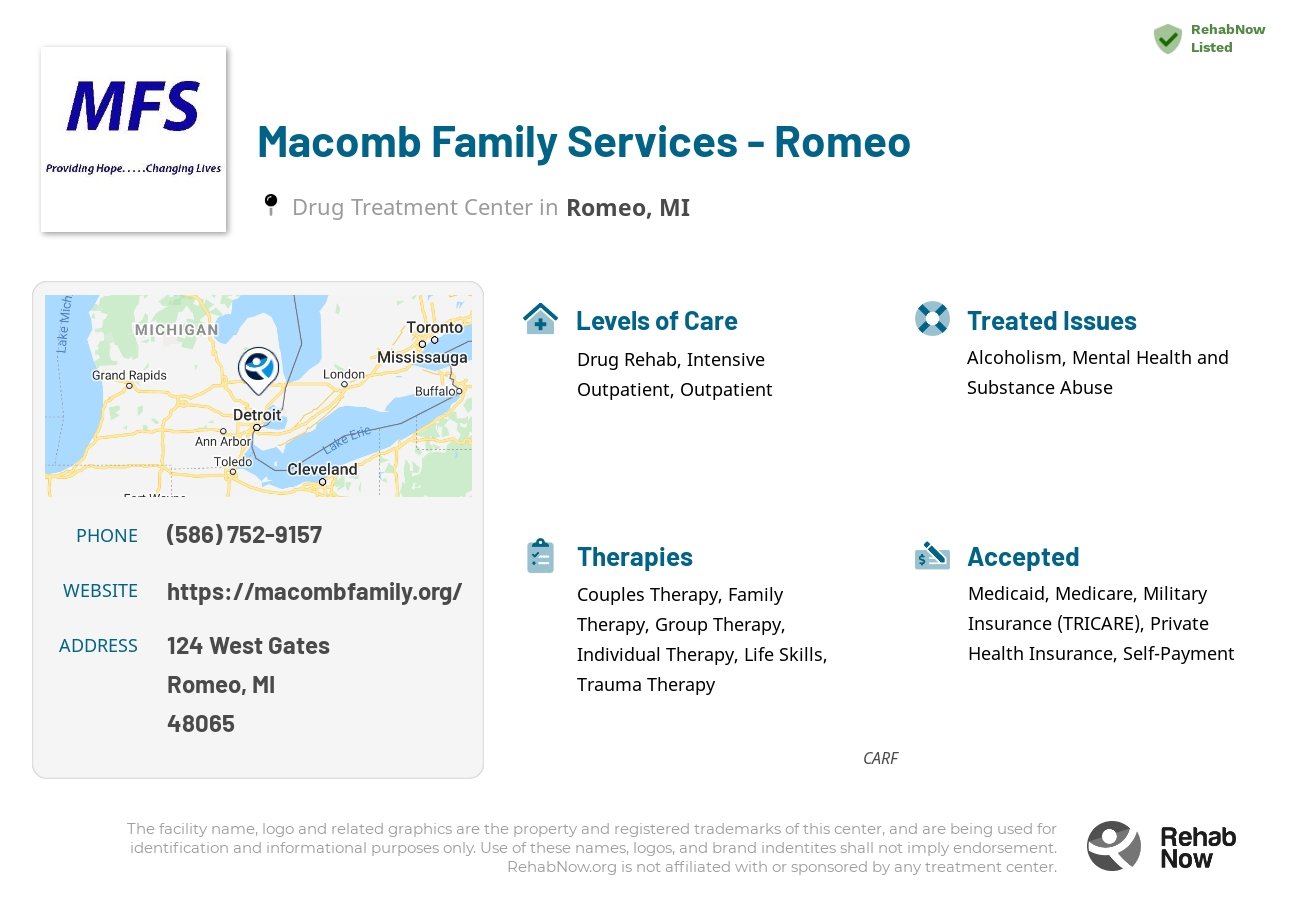 Helpful reference information for Macomb Family Services - Romeo, a drug treatment center in Michigan located at: 124 West Gates, Romeo, MI, 48065, including phone numbers, official website, and more. Listed briefly is an overview of Levels of Care, Therapies Offered, Issues Treated, and accepted forms of Payment Methods.