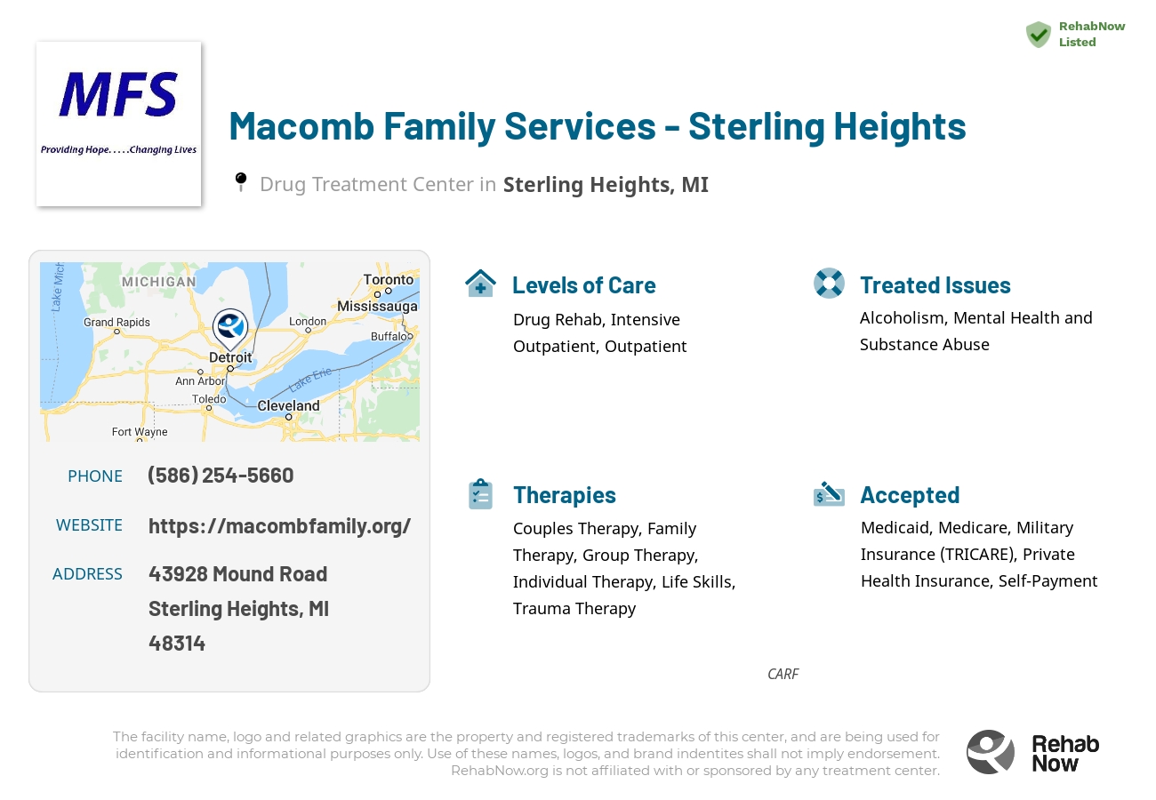 Helpful reference information for Macomb Family Services - Sterling Heights, a drug treatment center in Michigan located at: 43928 Mound Road, Sterling Heights, MI, 48314, including phone numbers, official website, and more. Listed briefly is an overview of Levels of Care, Therapies Offered, Issues Treated, and accepted forms of Payment Methods.