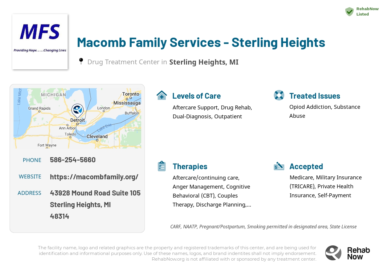 Helpful reference information for Macomb Family Services - Sterling Heights, a drug treatment center in Michigan located at: 43928 Mound Road Suite 105, Sterling Heights, MI 48314, including phone numbers, official website, and more. Listed briefly is an overview of Levels of Care, Therapies Offered, Issues Treated, and accepted forms of Payment Methods.