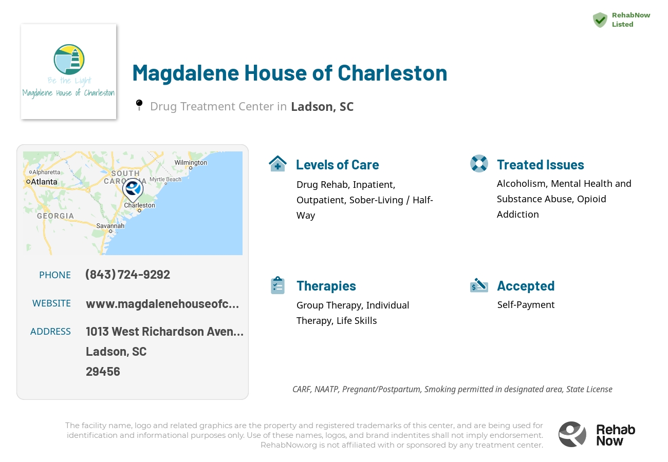 Helpful reference information for Magdalene House of Charleston, a drug treatment center in South Carolina located at: 1013 West Richardson Avenue, Ladson, SC 29456, including phone numbers, official website, and more. Listed briefly is an overview of Levels of Care, Therapies Offered, Issues Treated, and accepted forms of Payment Methods.