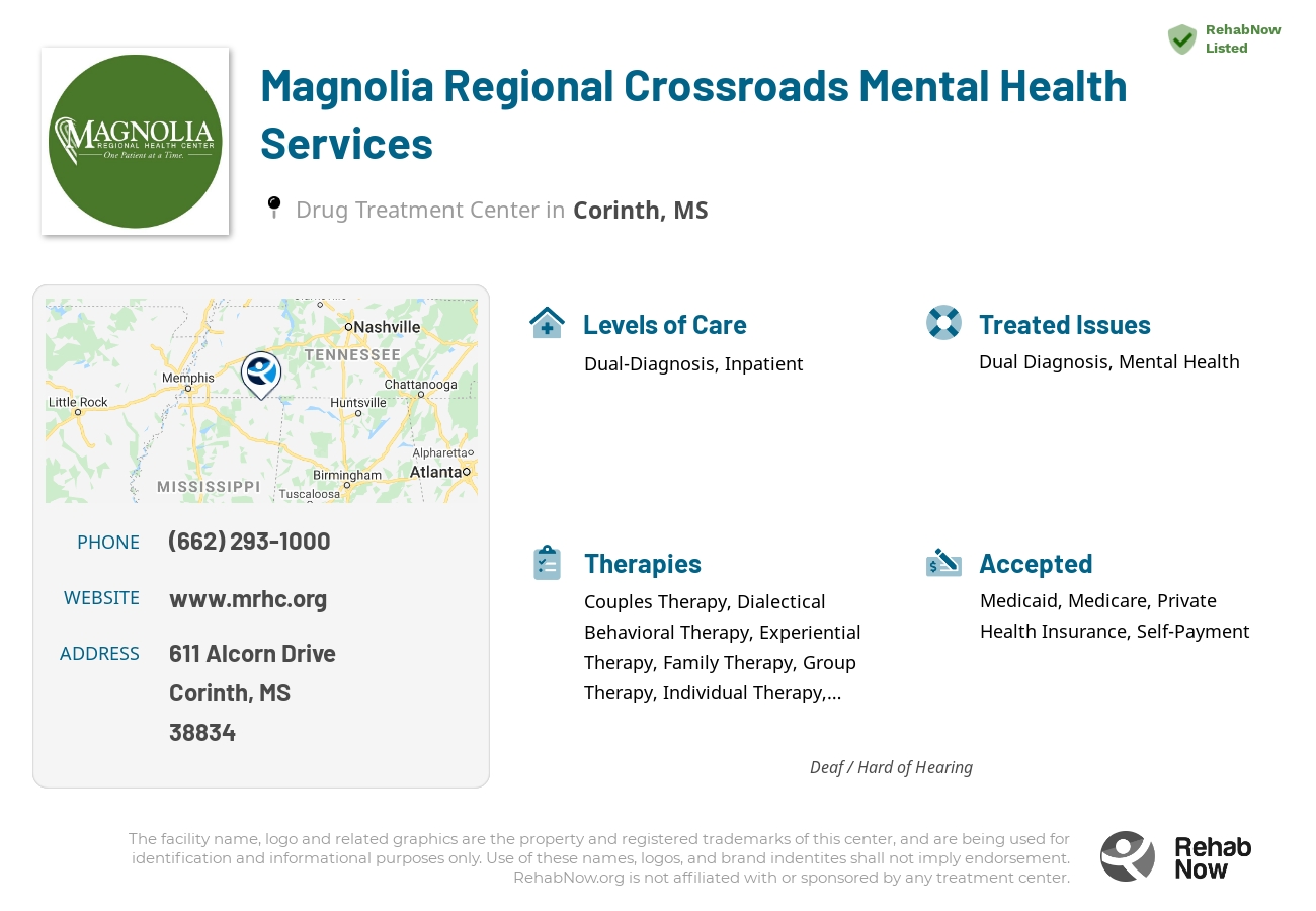Helpful reference information for Magnolia Regional Crossroads Mental Health Services, a drug treatment center in Mississippi located at: 611 611 Alcorn Drive, Corinth, MS 38834, including phone numbers, official website, and more. Listed briefly is an overview of Levels of Care, Therapies Offered, Issues Treated, and accepted forms of Payment Methods.