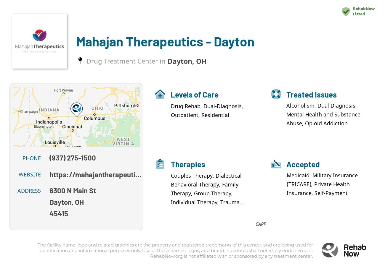 Helpful reference information for Mahajan Therapeutics - Dayton, a drug treatment center in Ohio located at: 6300 N Main St, Dayton, OH 45415, including phone numbers, official website, and more. Listed briefly is an overview of Levels of Care, Therapies Offered, Issues Treated, and accepted forms of Payment Methods.