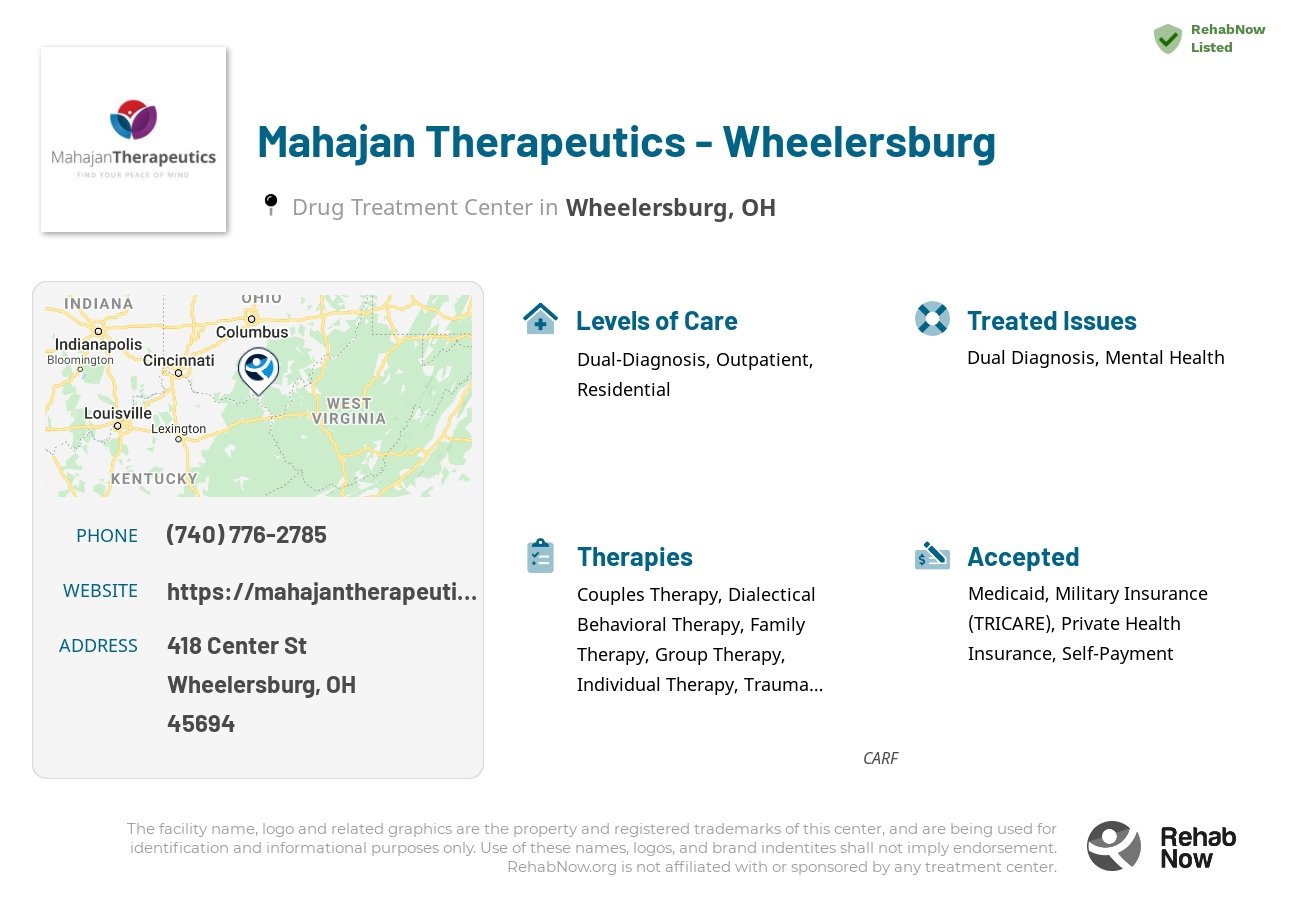 Helpful reference information for Mahajan Therapeutics - Wheelersburg, a drug treatment center in Ohio located at: 418 Center St, Wheelersburg, OH 45694, including phone numbers, official website, and more. Listed briefly is an overview of Levels of Care, Therapies Offered, Issues Treated, and accepted forms of Payment Methods.