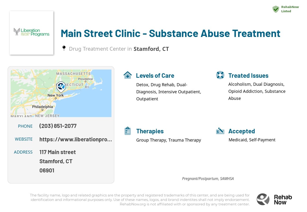 Helpful reference information for Main Street Clinic - Substance Abuse Treatment, a drug treatment center in Connecticut located at: 117 Main street, Stamford, CT, 06901, including phone numbers, official website, and more. Listed briefly is an overview of Levels of Care, Therapies Offered, Issues Treated, and accepted forms of Payment Methods.