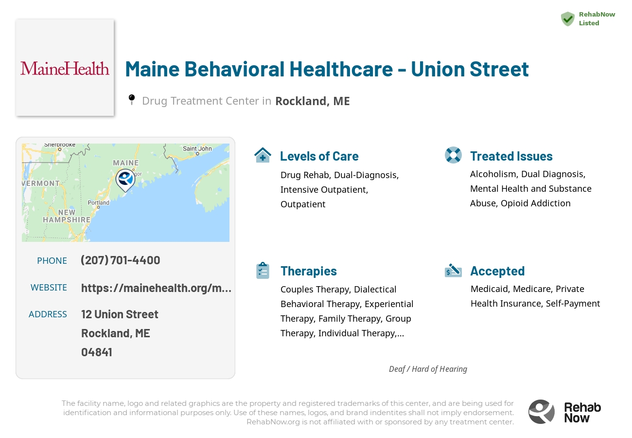 Helpful reference information for Maine Behavioral Healthcare - Union Street, a drug treatment center in Maine located at: 12 Union Street, Rockland, ME, 04841, including phone numbers, official website, and more. Listed briefly is an overview of Levels of Care, Therapies Offered, Issues Treated, and accepted forms of Payment Methods.