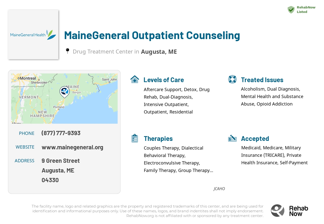 Helpful reference information for MaineGeneral Outpatient Counseling, a drug treatment center in Maine located at: 9 Green Street, Augusta, ME, 04330, including phone numbers, official website, and more. Listed briefly is an overview of Levels of Care, Therapies Offered, Issues Treated, and accepted forms of Payment Methods.