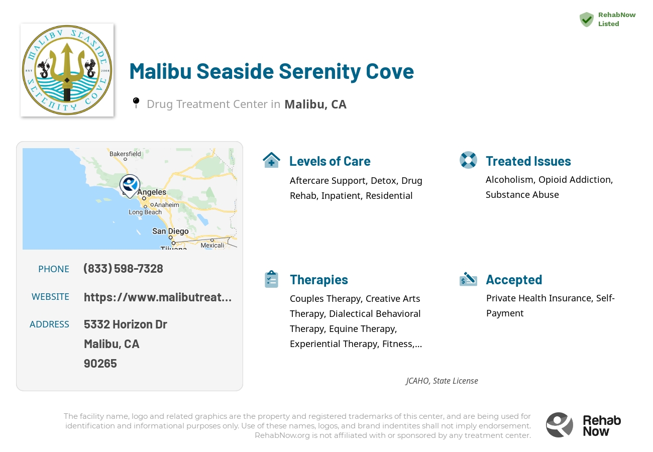 Helpful reference information for Malibu Seaside Serenity Cove, a drug treatment center in California located at: 5332 Horizon Dr, Malibu, CA 90265, including phone numbers, official website, and more. Listed briefly is an overview of Levels of Care, Therapies Offered, Issues Treated, and accepted forms of Payment Methods.