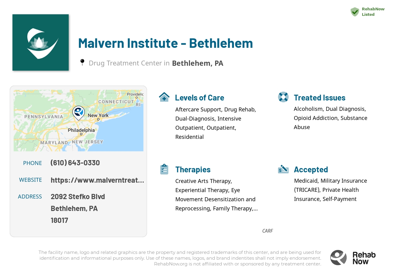 Helpful reference information for Malvern Institute - Bethlehem, a drug treatment center in Pennsylvania located at: 2092 Stefko Blvd, Bethlehem, PA 18017, including phone numbers, official website, and more. Listed briefly is an overview of Levels of Care, Therapies Offered, Issues Treated, and accepted forms of Payment Methods.