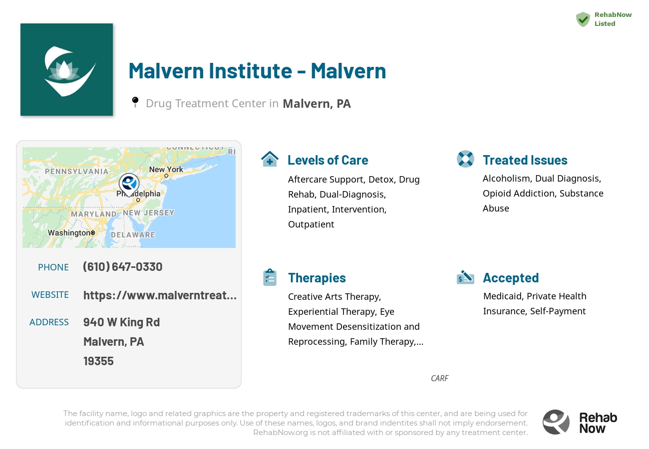 Helpful reference information for Malvern Institute - Malvern, a drug treatment center in Pennsylvania located at: 940 W King Rd, Malvern, PA 19355, including phone numbers, official website, and more. Listed briefly is an overview of Levels of Care, Therapies Offered, Issues Treated, and accepted forms of Payment Methods.