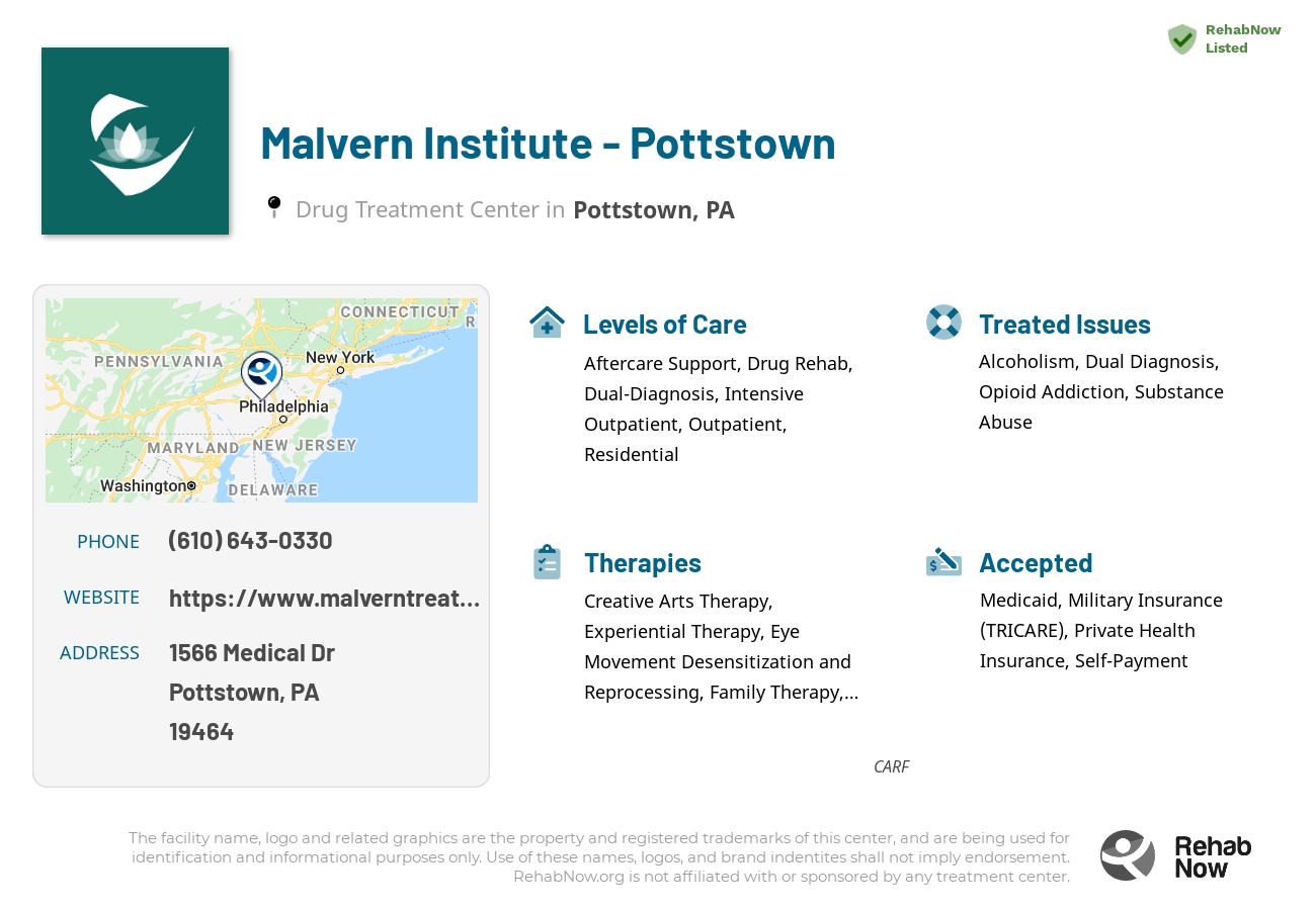 Helpful reference information for Malvern Institute - Pottstown, a drug treatment center in Pennsylvania located at: 1566 Medical Dr, Pottstown, PA 19464, including phone numbers, official website, and more. Listed briefly is an overview of Levels of Care, Therapies Offered, Issues Treated, and accepted forms of Payment Methods.