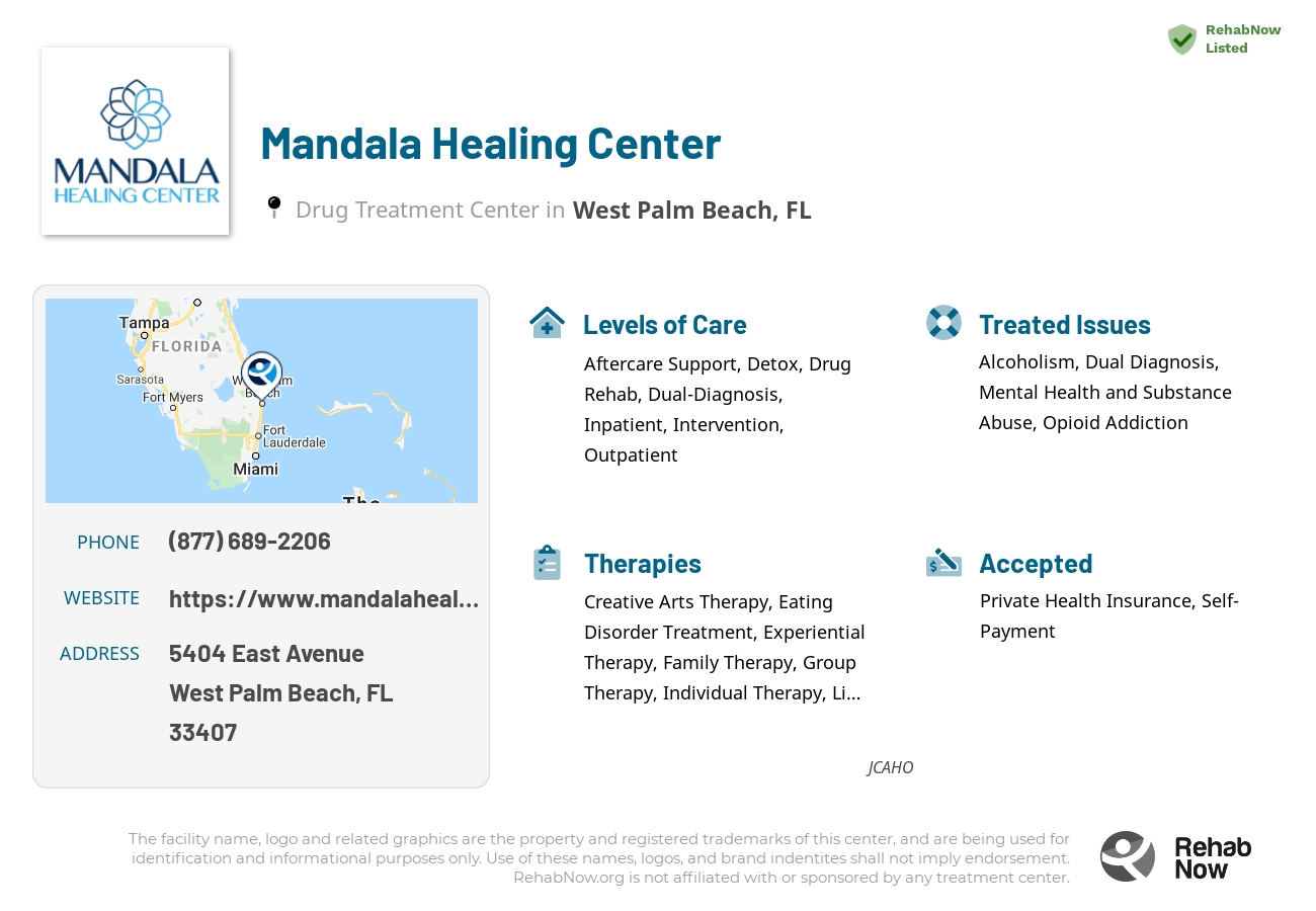 Helpful reference information for Mandala Healing Center, a drug treatment center in Florida located at: 5404 East Avenue, West Palm Beach, FL, 33407, including phone numbers, official website, and more. Listed briefly is an overview of Levels of Care, Therapies Offered, Issues Treated, and accepted forms of Payment Methods.