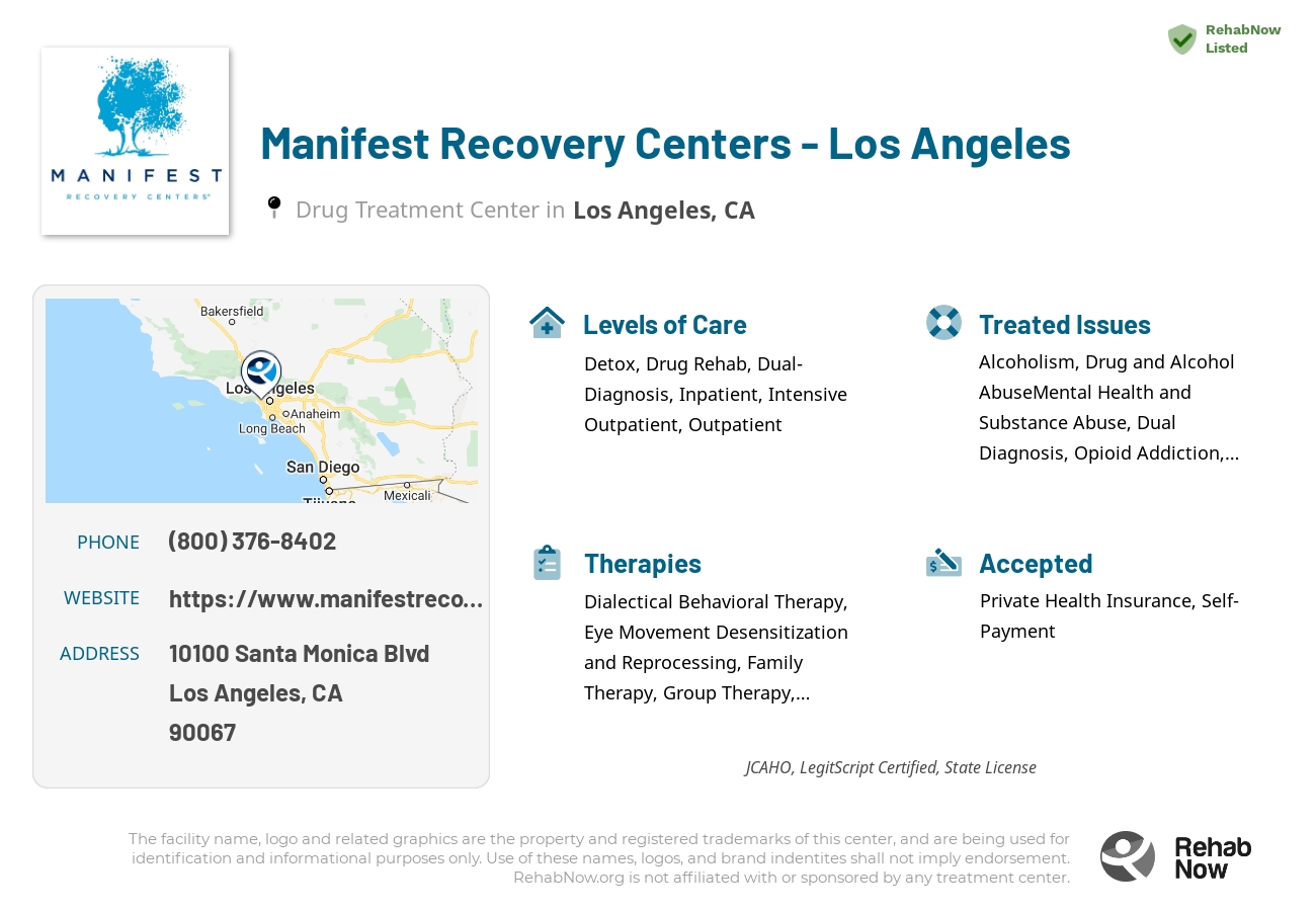 Helpful reference information for Manifest Recovery Centers - Los Angeles, a drug treatment center in California located at: 10100 Santa Monica Blvd, Los Angeles, CA 90067, including phone numbers, official website, and more. Listed briefly is an overview of Levels of Care, Therapies Offered, Issues Treated, and accepted forms of Payment Methods.