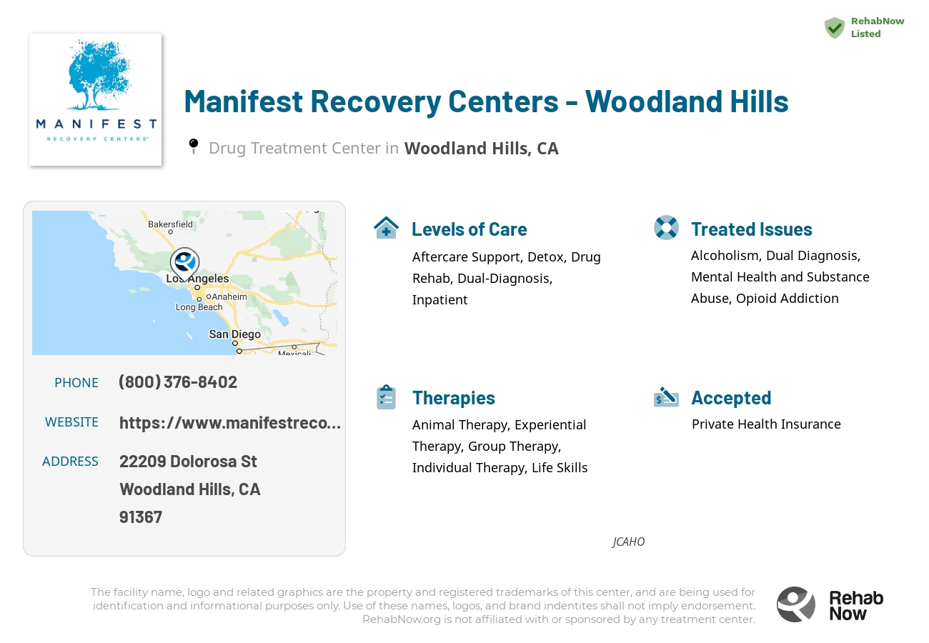 Helpful reference information for Manifest Recovery Centers - Woodland Hills, a drug treatment center in California located at: 22209 Dolorosa St, Woodland Hills, CA 91367, including phone numbers, official website, and more. Listed briefly is an overview of Levels of Care, Therapies Offered, Issues Treated, and accepted forms of Payment Methods.
