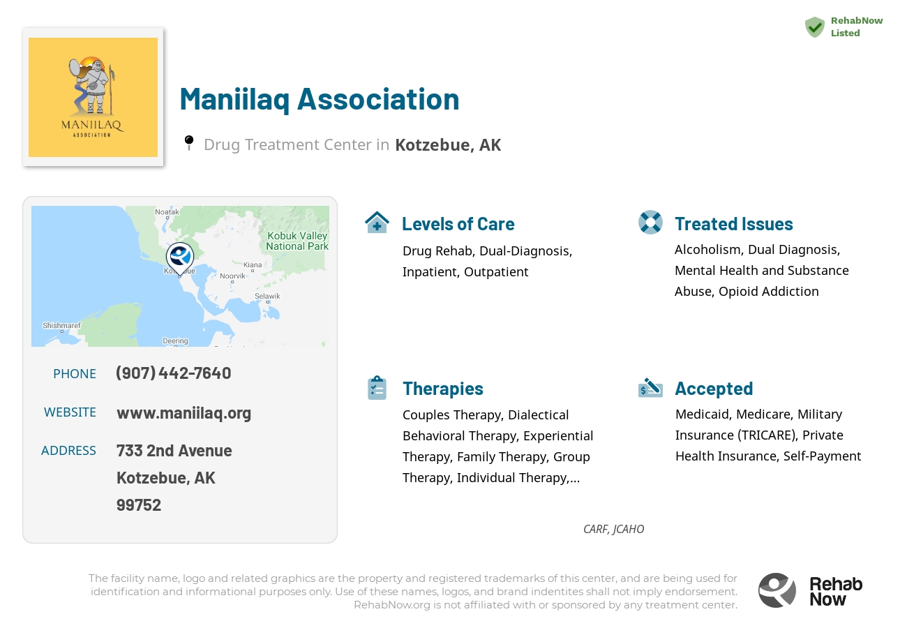 Helpful reference information for Maniilaq Association, a drug treatment center in Alaska located at: 733 2nd Avenue, Kotzebue, AK, 99752, including phone numbers, official website, and more. Listed briefly is an overview of Levels of Care, Therapies Offered, Issues Treated, and accepted forms of Payment Methods.