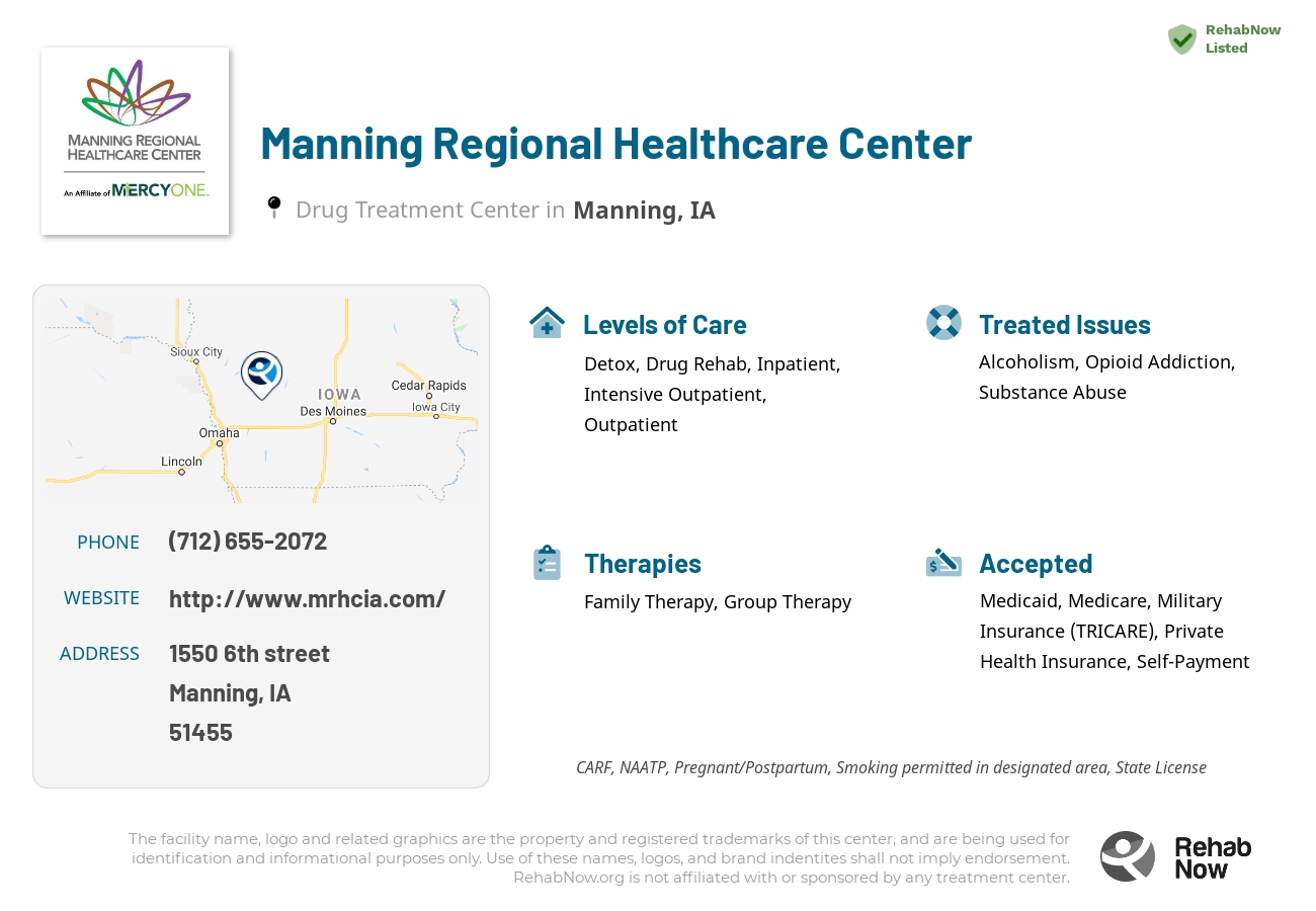 Helpful reference information for Manning Regional Healthcare Center, a drug treatment center in Iowa located at: 1550 6th street, Manning, IA, 51455, including phone numbers, official website, and more. Listed briefly is an overview of Levels of Care, Therapies Offered, Issues Treated, and accepted forms of Payment Methods.