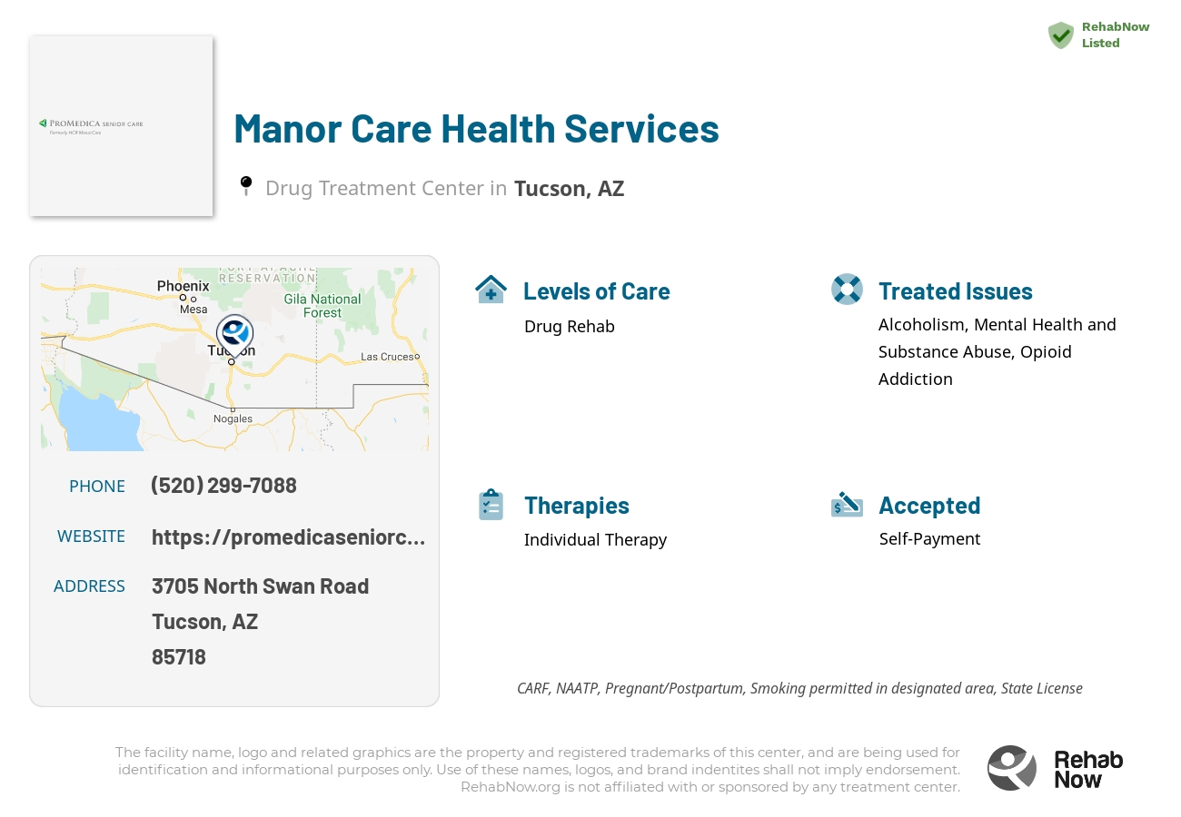 Helpful reference information for Manor Care Health Services, a drug treatment center in Arizona located at: 3705 North Swan Road, Tucson, AZ, 85718, including phone numbers, official website, and more. Listed briefly is an overview of Levels of Care, Therapies Offered, Issues Treated, and accepted forms of Payment Methods.