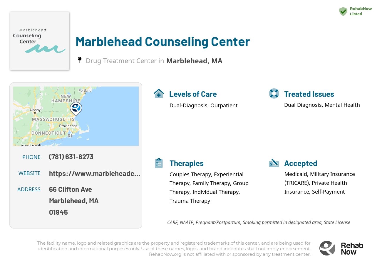 Helpful reference information for Marblehead Counseling Center, a drug treatment center in Massachusetts located at: 66 Clifton Ave, Marblehead, MA 01945, including phone numbers, official website, and more. Listed briefly is an overview of Levels of Care, Therapies Offered, Issues Treated, and accepted forms of Payment Methods.