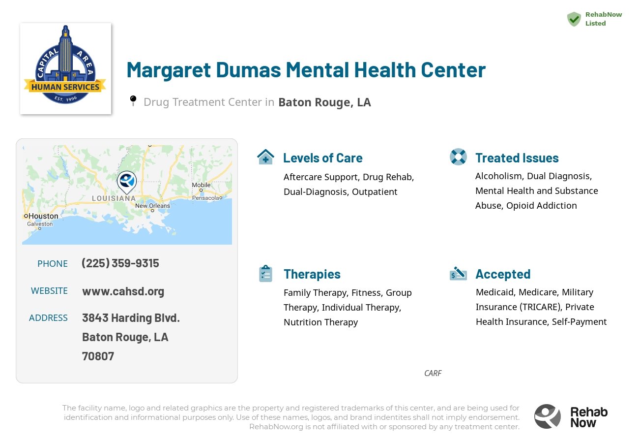 Helpful reference information for Margaret Dumas Mental Health Center, a drug treatment center in Louisiana located at: 3843 Harding Blvd., Baton Rouge, LA, 70807, including phone numbers, official website, and more. Listed briefly is an overview of Levels of Care, Therapies Offered, Issues Treated, and accepted forms of Payment Methods.