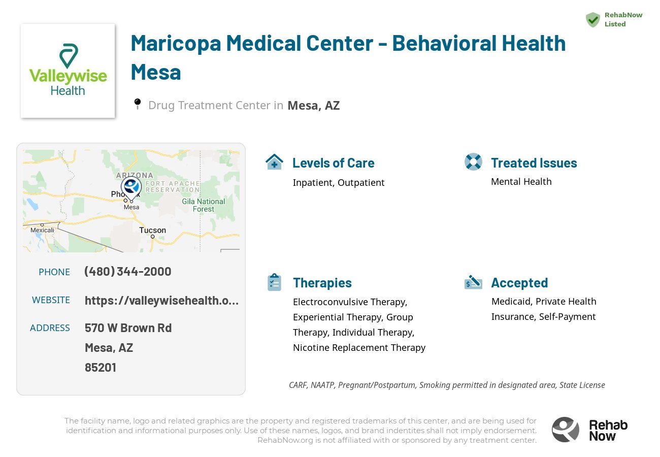 Helpful reference information for Maricopa Medical Center - Behavioral Health Mesa, a drug treatment center in Arizona located at: 570 W Brown Rd, Mesa, AZ 85201, including phone numbers, official website, and more. Listed briefly is an overview of Levels of Care, Therapies Offered, Issues Treated, and accepted forms of Payment Methods.