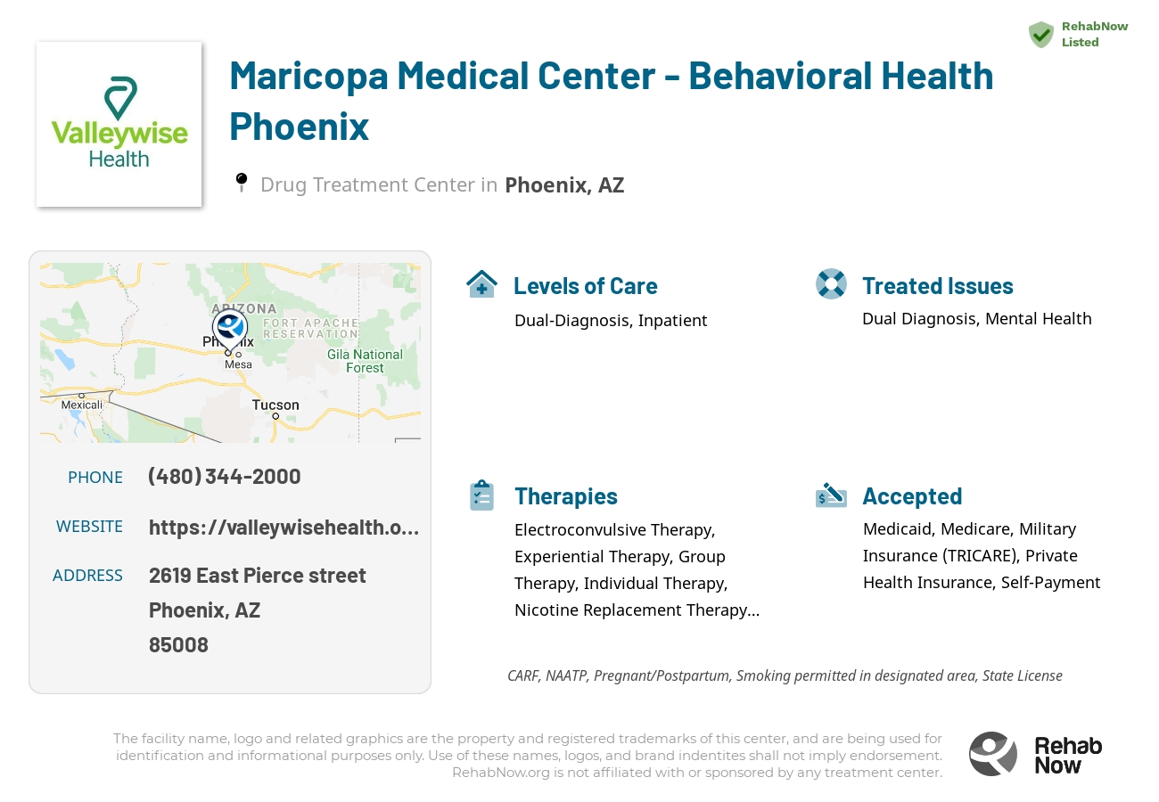 Helpful reference information for Maricopa Medical Center - Behavioral Health Phoenix, a drug treatment center in Arizona located at: 2619 2619 East Pierce street, Phoenix, AZ 85008, including phone numbers, official website, and more. Listed briefly is an overview of Levels of Care, Therapies Offered, Issues Treated, and accepted forms of Payment Methods.