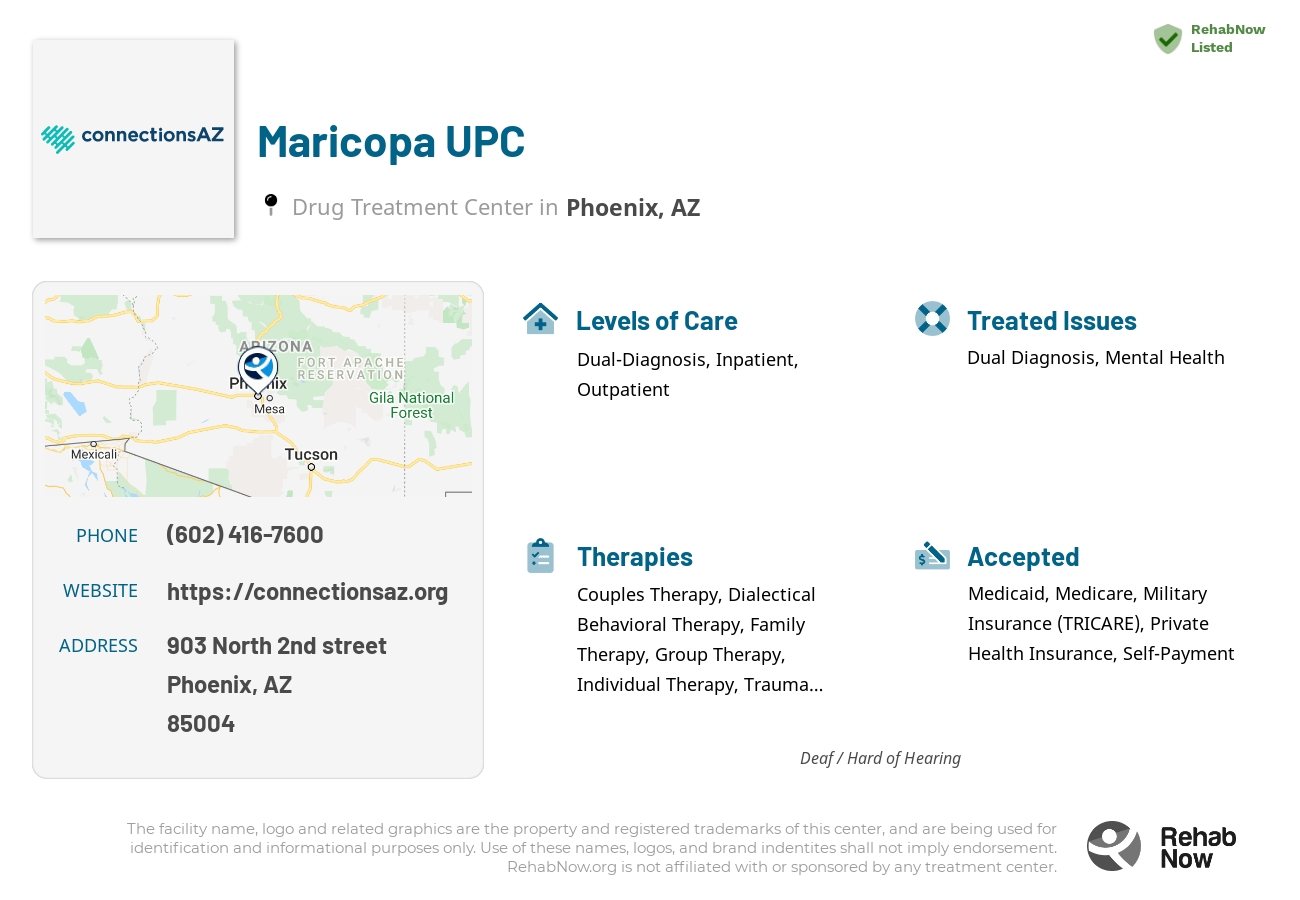 Helpful reference information for Maricopa UPC, a drug treatment center in Arizona located at: 903 903 North 2nd street, Phoenix, AZ 85004, including phone numbers, official website, and more. Listed briefly is an overview of Levels of Care, Therapies Offered, Issues Treated, and accepted forms of Payment Methods.
