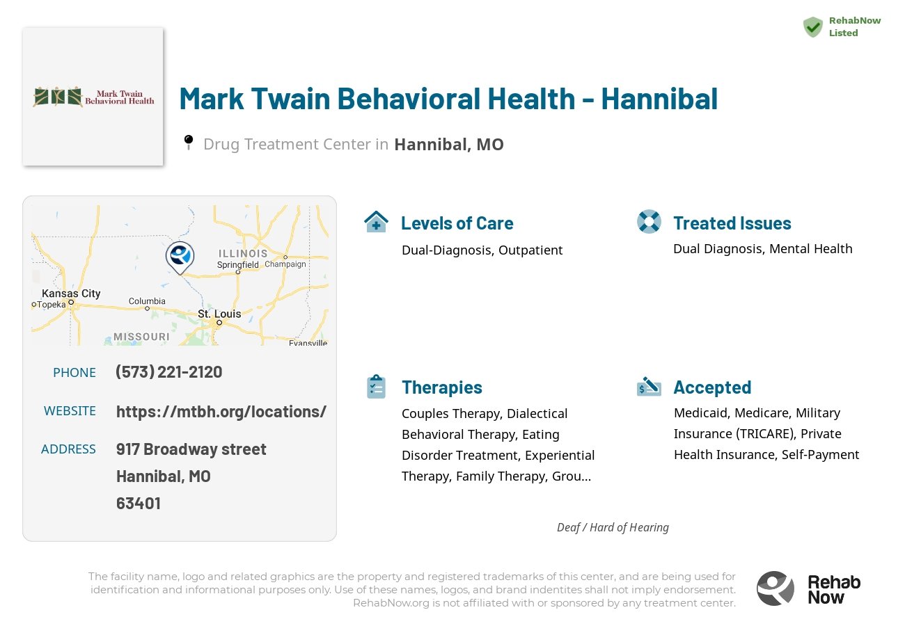 Helpful reference information for Mark Twain Behavioral Health - Hannibal, a drug treatment center in Missouri located at: 917 Broadway street, Hannibal, MO 63401, including phone numbers, official website, and more. Listed briefly is an overview of Levels of Care, Therapies Offered, Issues Treated, and accepted forms of Payment Methods.