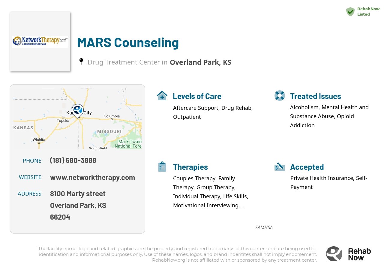 Helpful reference information for MARS Counseling, a drug treatment center in Kansas located at: 8100 Marty street, Overland Park, KS, 66204, including phone numbers, official website, and more. Listed briefly is an overview of Levels of Care, Therapies Offered, Issues Treated, and accepted forms of Payment Methods.