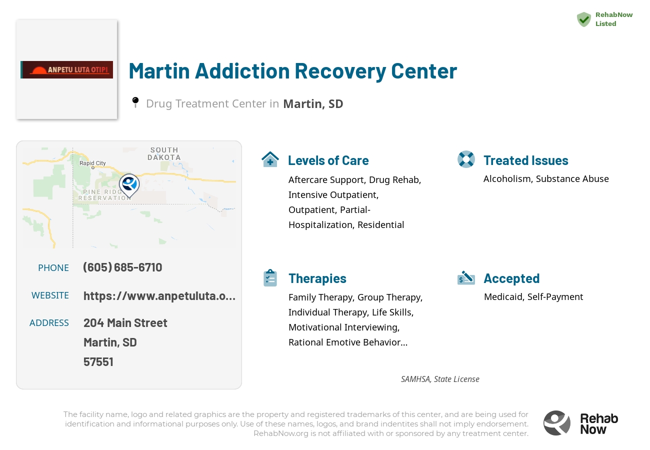 Helpful reference information for Martin Addiction Recovery Center, a drug treatment center in South Dakota located at: 204 204 Main Street, Martin, SD 57551, including phone numbers, official website, and more. Listed briefly is an overview of Levels of Care, Therapies Offered, Issues Treated, and accepted forms of Payment Methods.