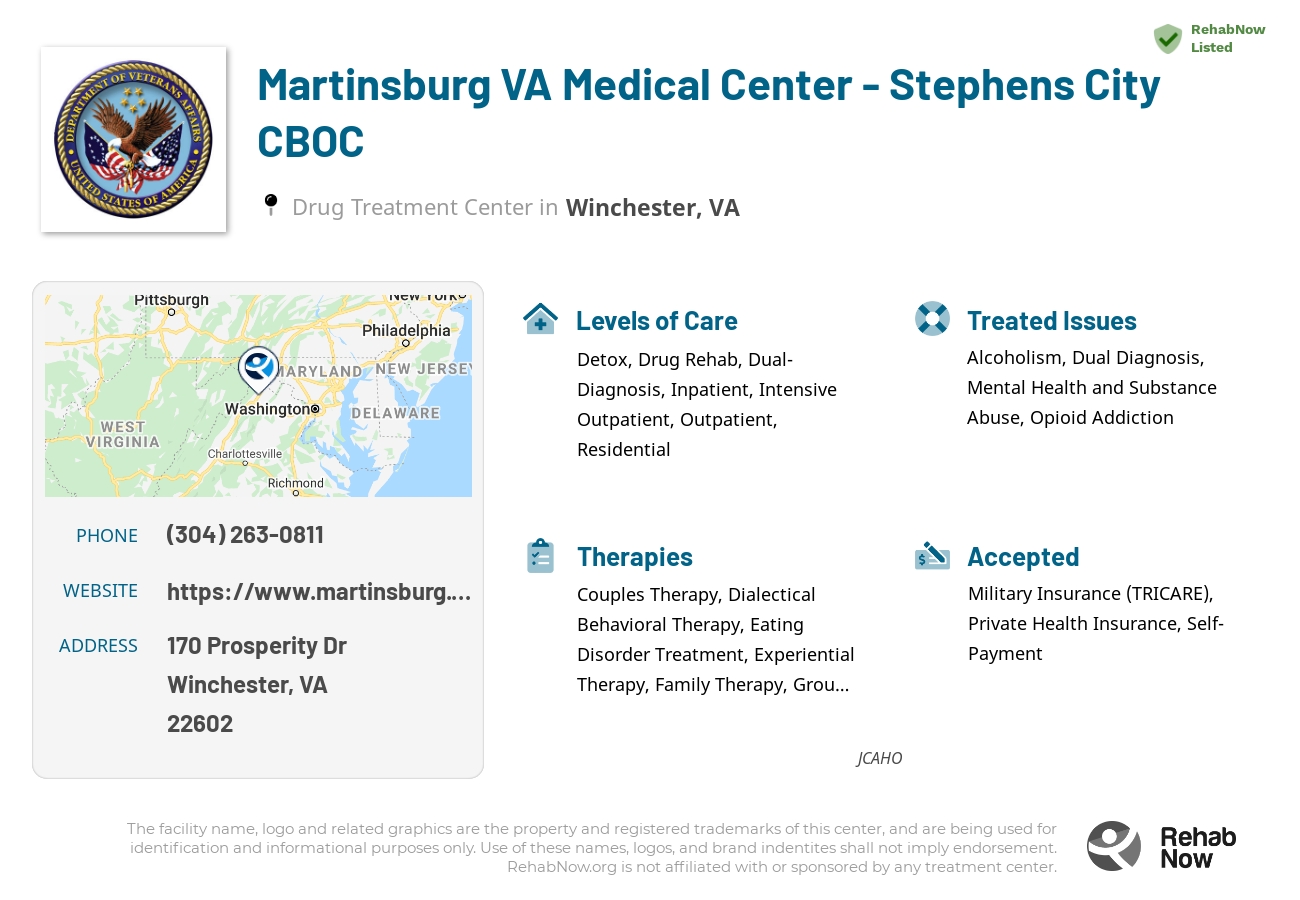Helpful reference information for Martinsburg VA Medical Center - Stephens City CBOC, a drug treatment center in Virginia located at: 170 Prosperity Dr, Winchester, VA 22602, including phone numbers, official website, and more. Listed briefly is an overview of Levels of Care, Therapies Offered, Issues Treated, and accepted forms of Payment Methods.