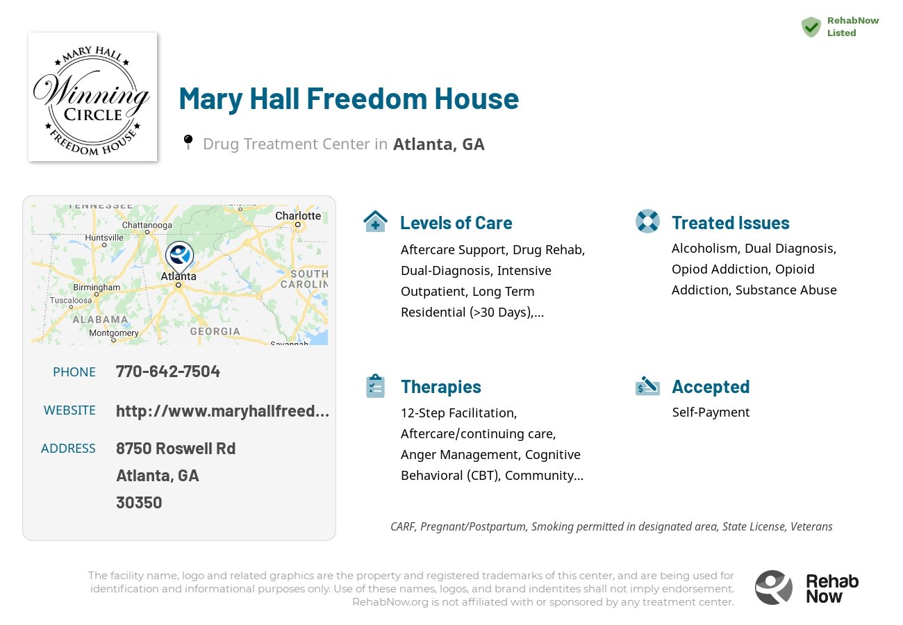 Helpful reference information for Mary Hall Freedom House, a drug treatment center in Georgia located at: 8750 Roswell Rd, Atlanta, GA 30350, including phone numbers, official website, and more. Listed briefly is an overview of Levels of Care, Therapies Offered, Issues Treated, and accepted forms of Payment Methods.