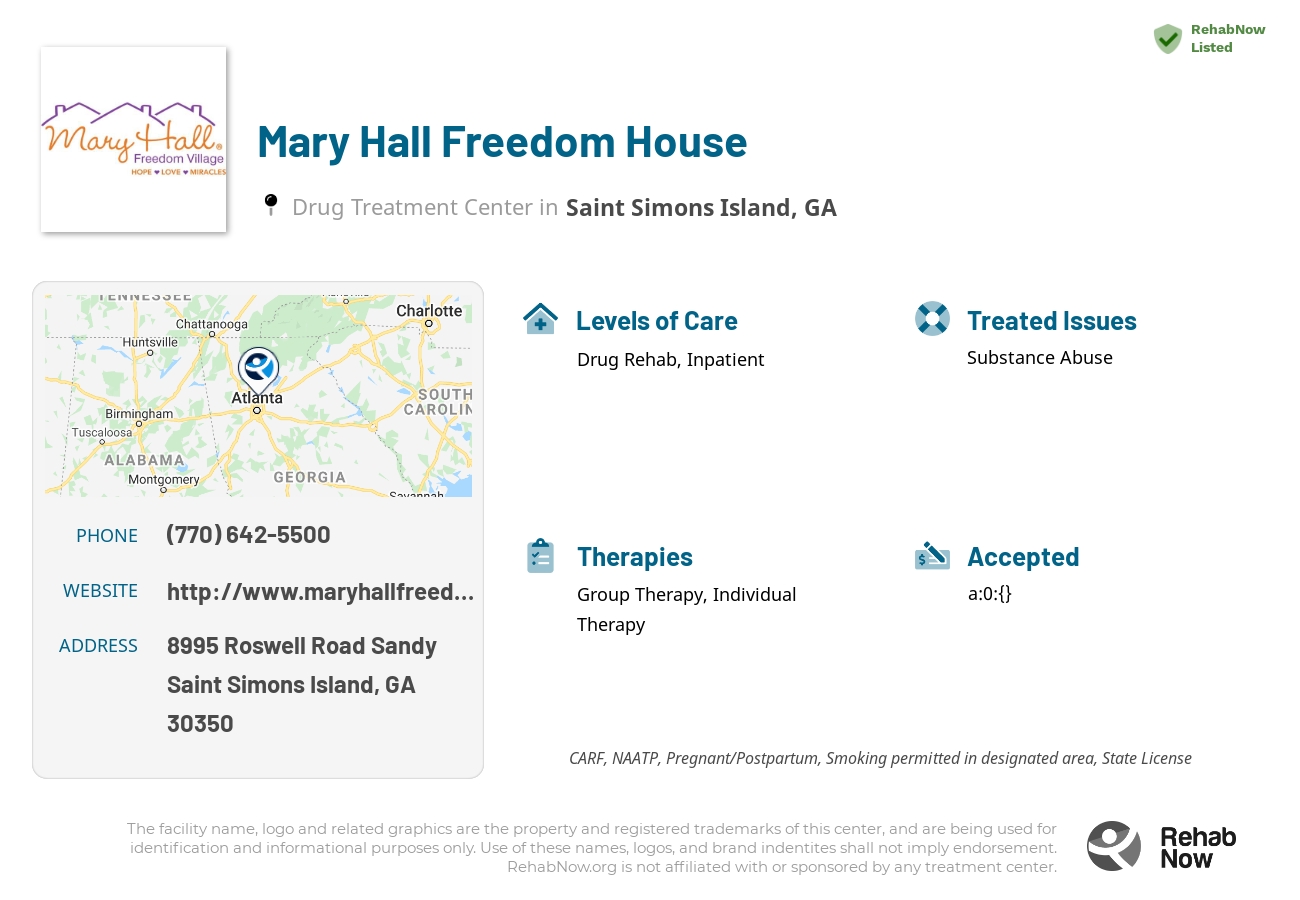 Helpful reference information for Mary Hall Freedom House, a drug treatment center in Georgia located at: 8995 8995 Roswell Road Sandy, Saint Simons Island, GA 30350, including phone numbers, official website, and more. Listed briefly is an overview of Levels of Care, Therapies Offered, Issues Treated, and accepted forms of Payment Methods.