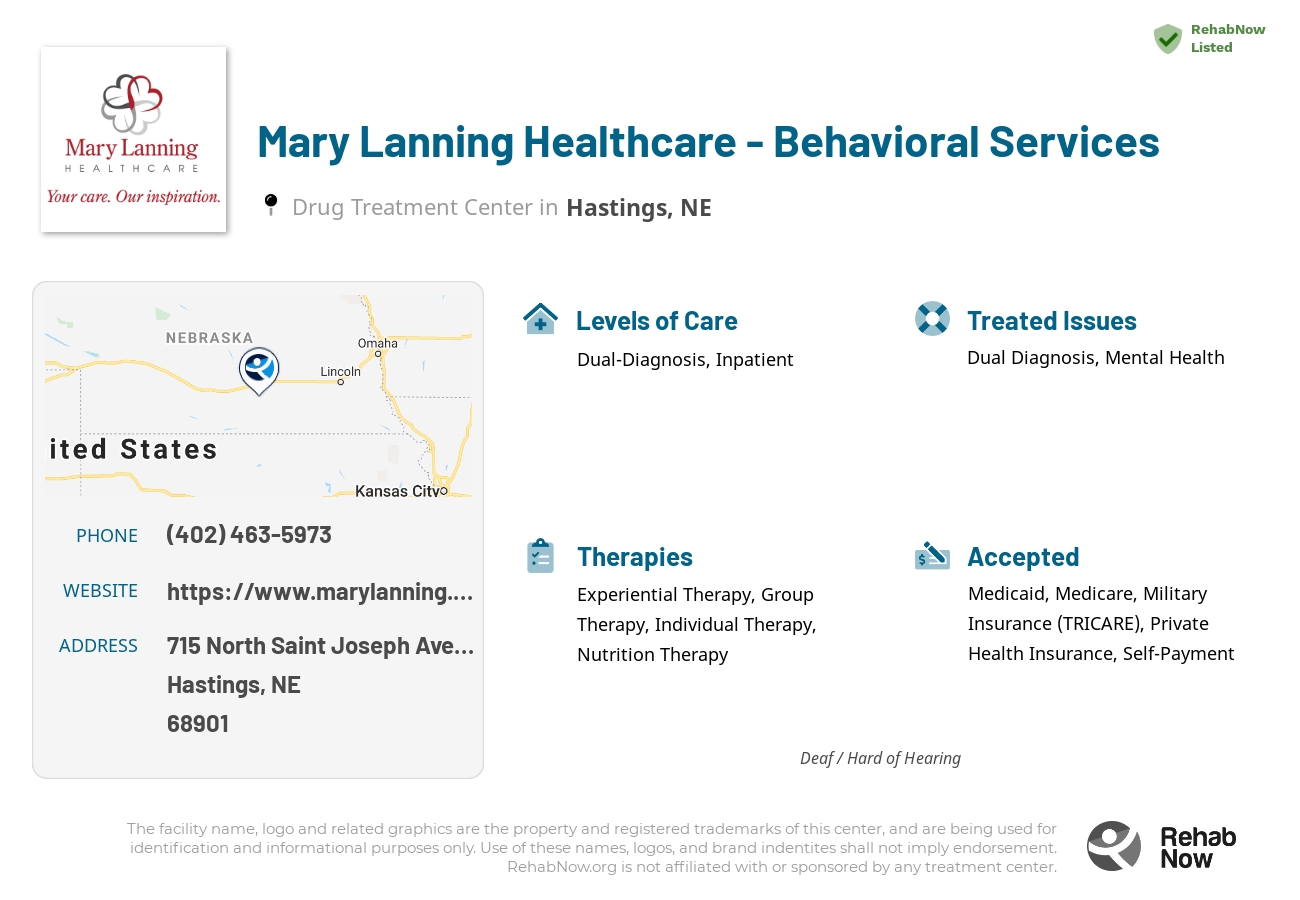 Helpful reference information for Mary Lanning Healthcare - Behavioral Services, a drug treatment center in Nebraska located at: 715 715 North Saint Joseph Avenue, Hastings, NE 68901, including phone numbers, official website, and more. Listed briefly is an overview of Levels of Care, Therapies Offered, Issues Treated, and accepted forms of Payment Methods.