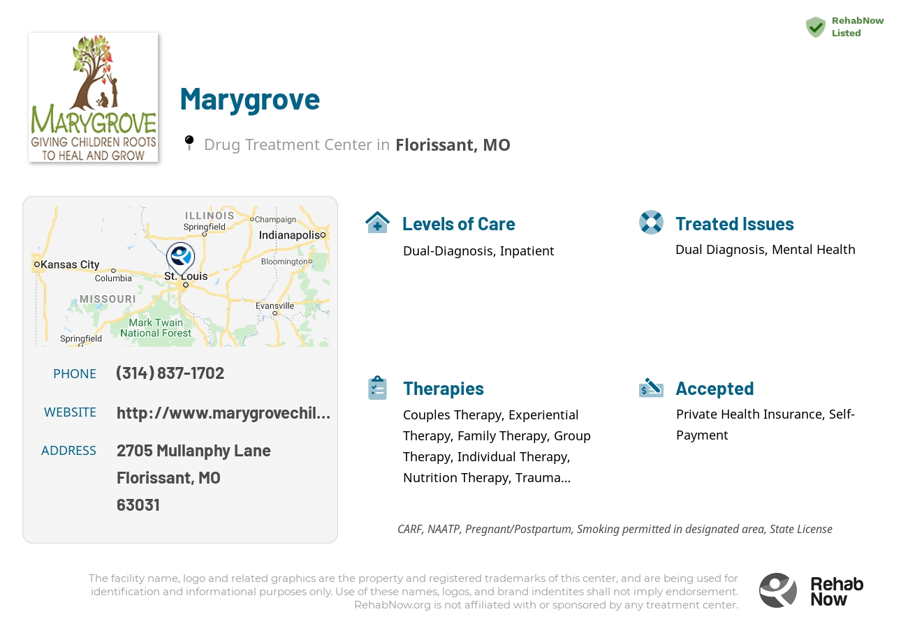 Helpful reference information for Marygrove, a drug treatment center in Missouri located at: 2705 2705 Mullanphy Lane, Florissant, MO 63031, including phone numbers, official website, and more. Listed briefly is an overview of Levels of Care, Therapies Offered, Issues Treated, and accepted forms of Payment Methods.