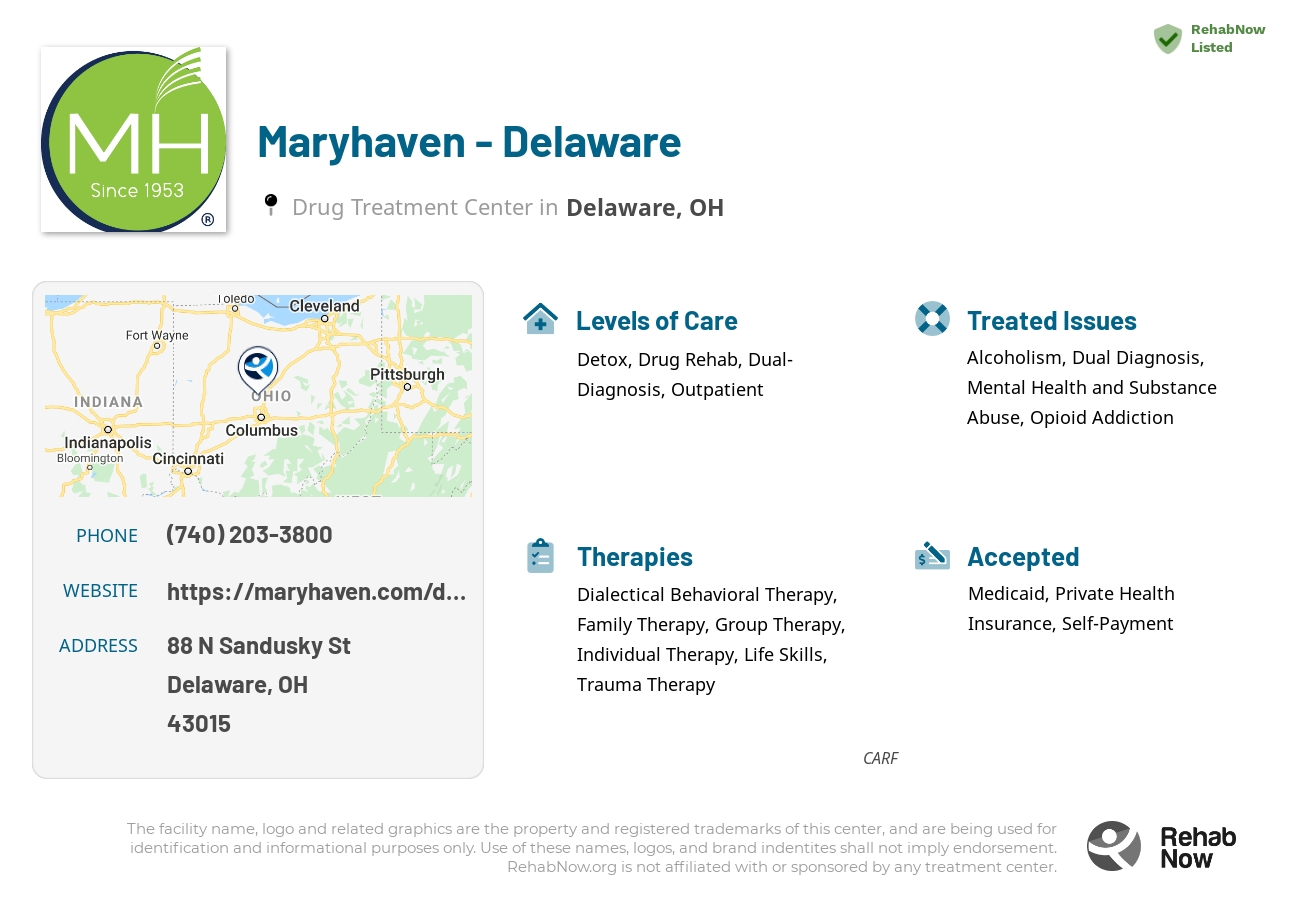Helpful reference information for Maryhaven - Delaware, a drug treatment center in Ohio located at: 88 N Sandusky St, Delaware, OH 43015, including phone numbers, official website, and more. Listed briefly is an overview of Levels of Care, Therapies Offered, Issues Treated, and accepted forms of Payment Methods.